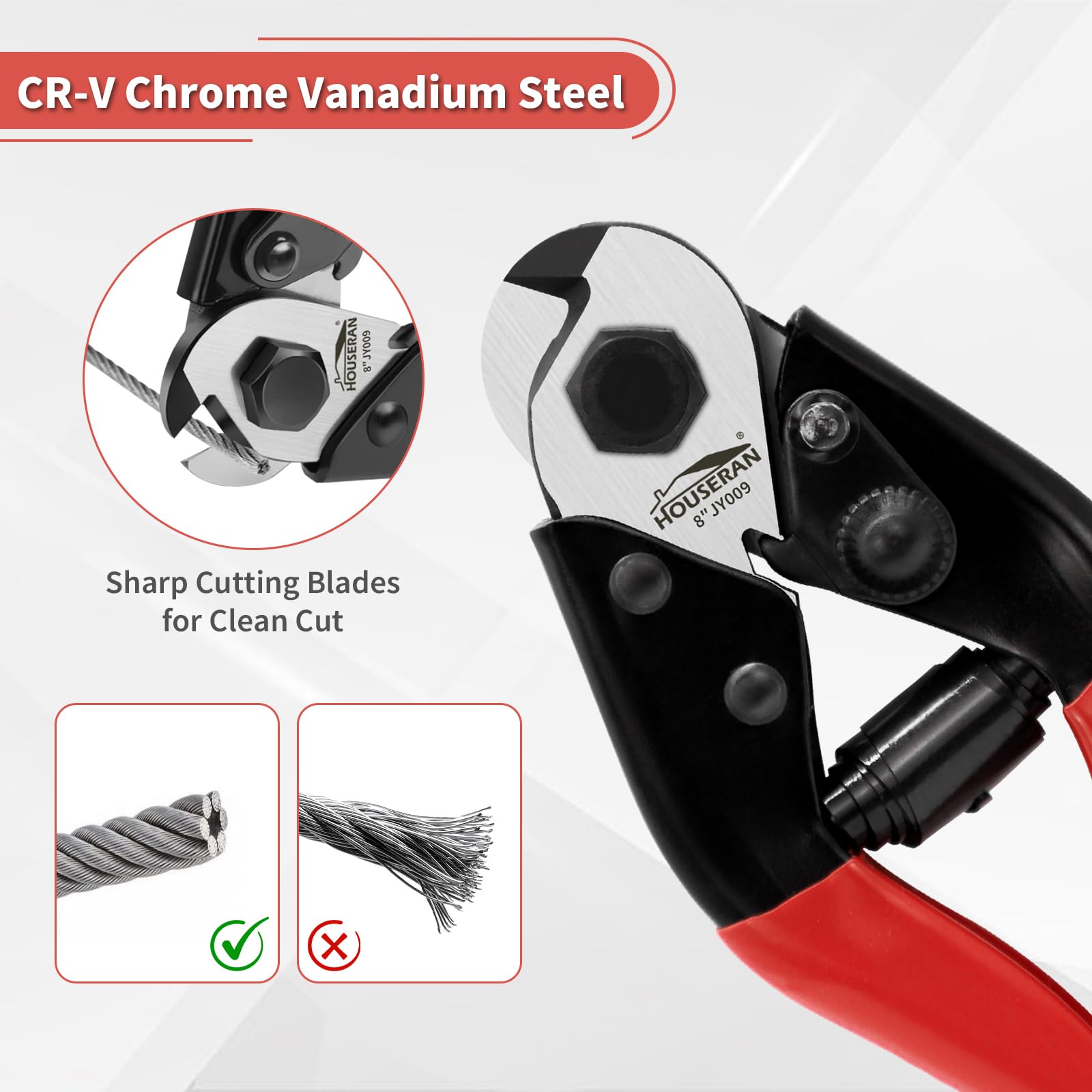 HOUSERAN 8 Inch Wire Rope Cutter, Stainless Steel Cable Cutter, Heavy Duty Wire Cutters Cutting Up to 3/16" for Fence, Wire Seals, Aircraft Cables, Decking, Railing, Bike Bicycle Brake Cable, DIY