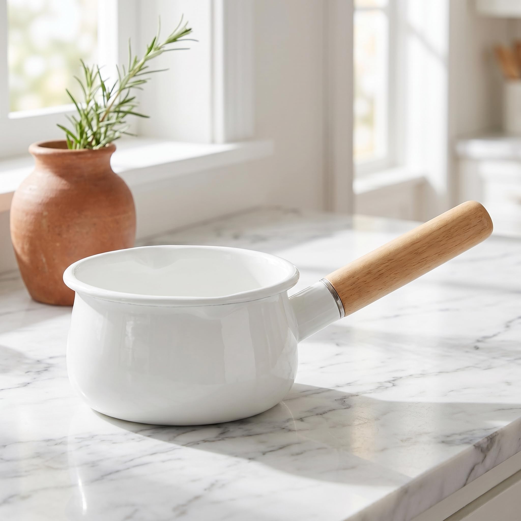 Jucoan 1 Quart Enamel Milk Pan with Dual Pour Spout, Small Enamel on Steel Saucepan Milk Pot Butter Warmer with Wooden Handle, Stove Top Soup Simmer Pot for Home Kitchen Cooking Heating Boiling