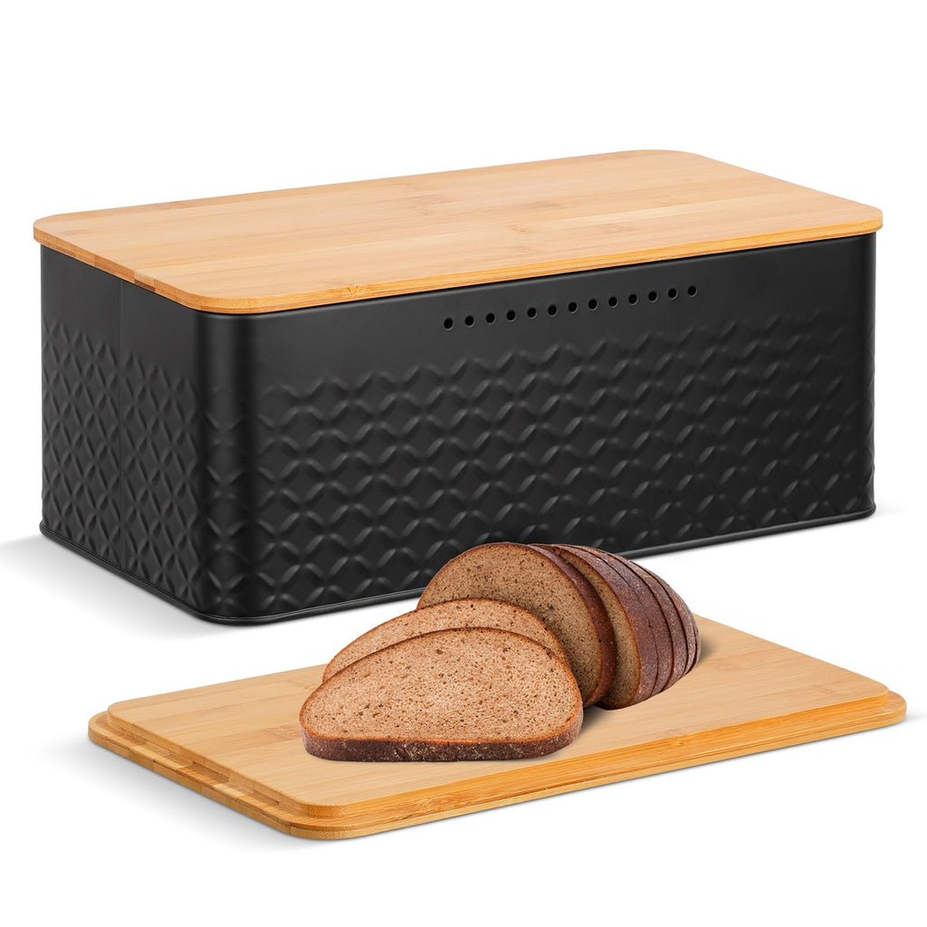 Pitmoly Bread Box, Metal Bread Container with Bamboo Lid, Bread Storage Container for Kitchen Countertop, Large Modern Bread Bin 13" x 7" x 5.3" (Black)