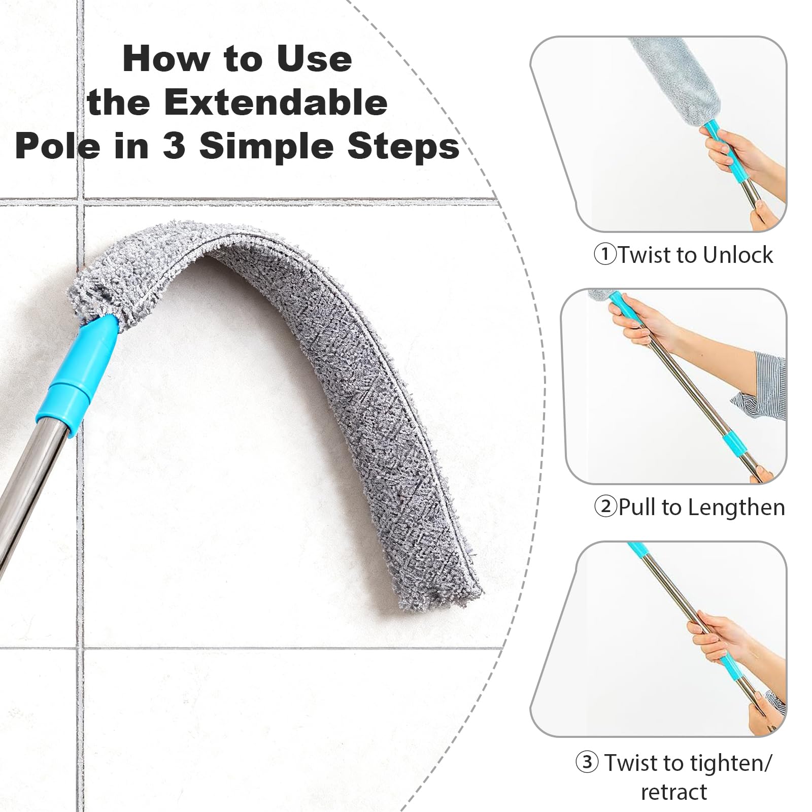 Dusters for Cleaning with 3 Microfiber Cloths – Extendable Bendable Flat Duster for Dust Removal – Washable Cleaning Tool for Shelves, Fans & Hard-to-Reach Areas