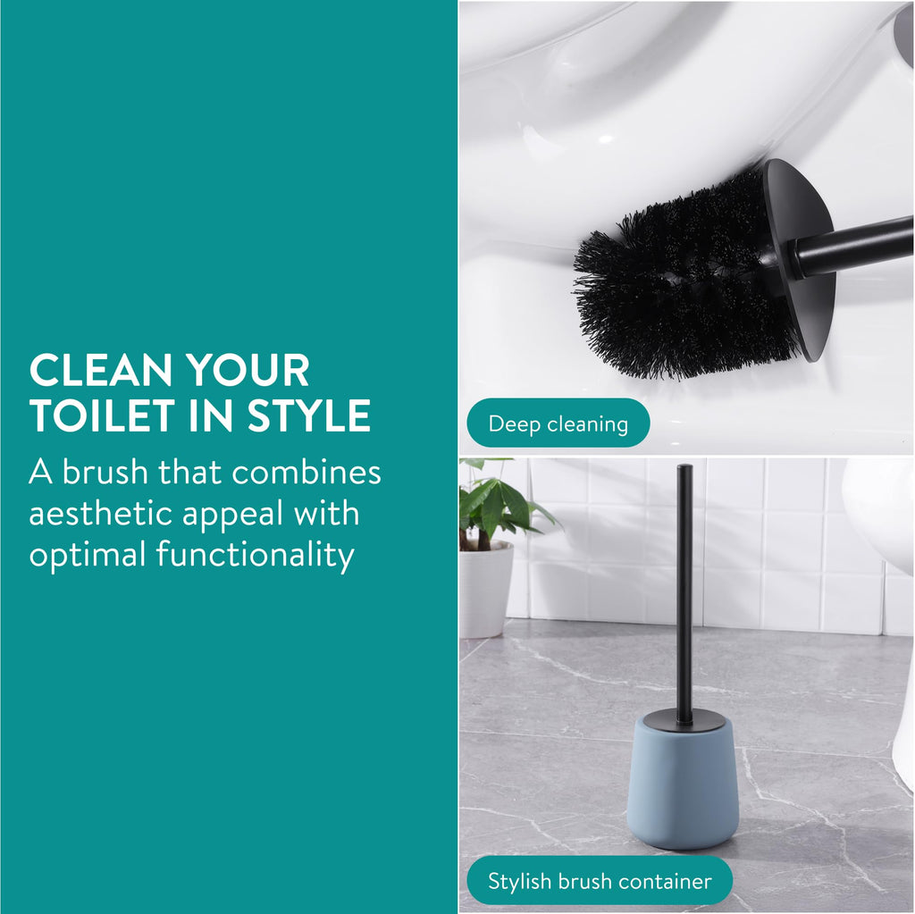 Navaris Toilet Brush and Holder Set, Blue - Toilet Brushes & Holders - Soft Touch & Rubber Coated Loo Brush with Stainless Steel Handle - Adjustable Silicone Water Stopper