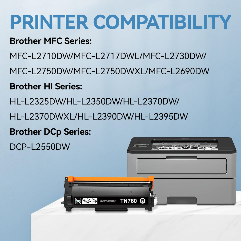 TN760 for Brother TN760 TN-760 TN 730 Toner Cartridges Used to Brother HL-L2350DW HL-L2395DW MFC-L2710DW MFC-L2690DW DCP-L2550DW Printers , High Yield Black - 2Pack