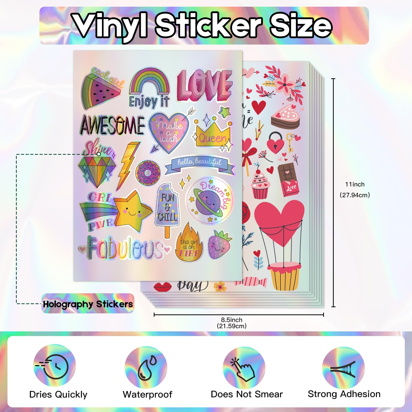 Holographic Printable Vinyl Sticker Paper for Inkjet Printer - 30 Sheets - 8.5" x 11" - Waterproof Labels Paper, Dries Quickly,Vivid Colors,Tear Resistant,DIY Sticker Paper for Drawing