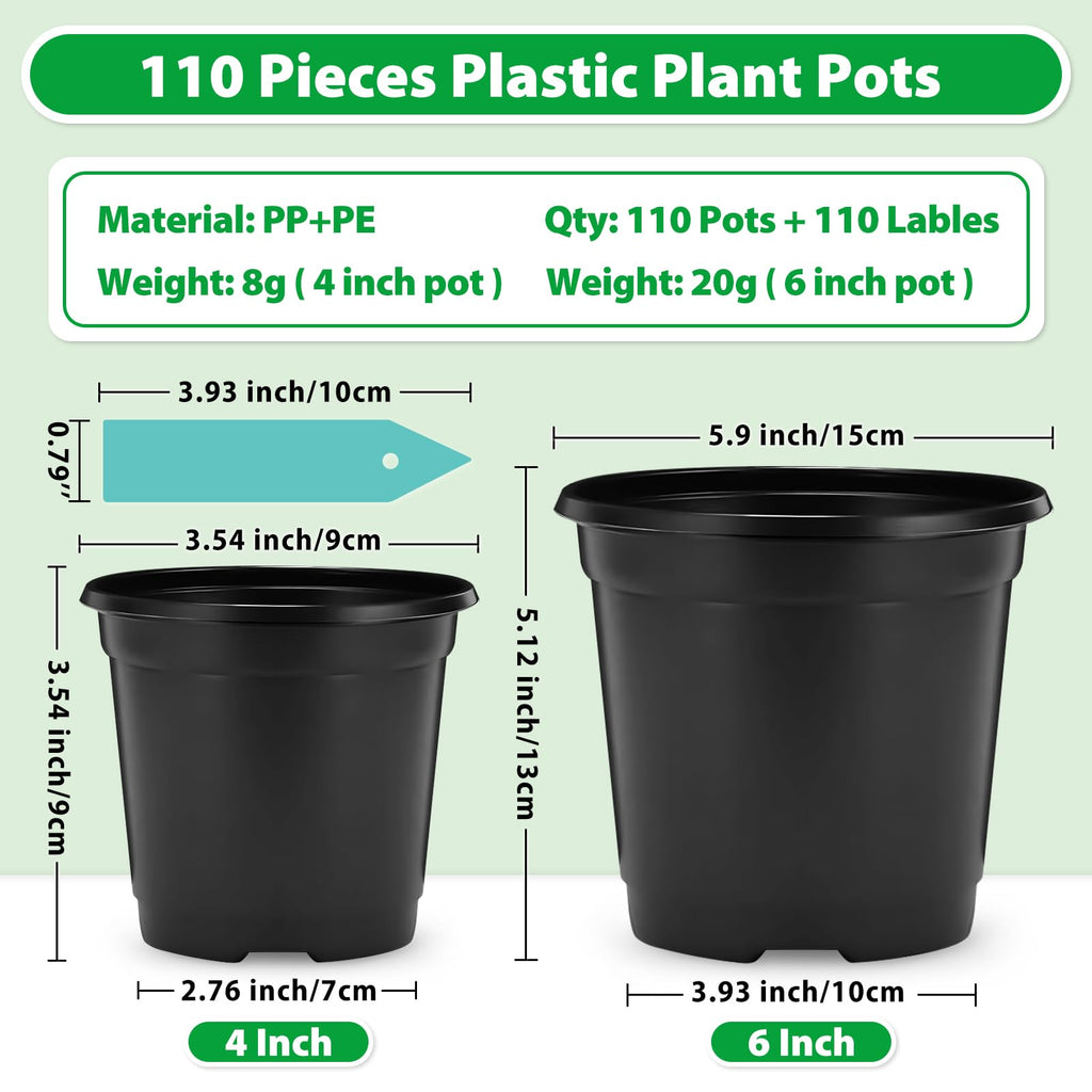 SYOURSELF 110 Pack Plastic Plants Nursery Pots 4 Inch Seed Starting Pot Plastic Flower Pots with 110 Pcs Waterproof Plant Labels for Succulents, Seedlings, Cuttings, Transplanting (Black, 4 inch)