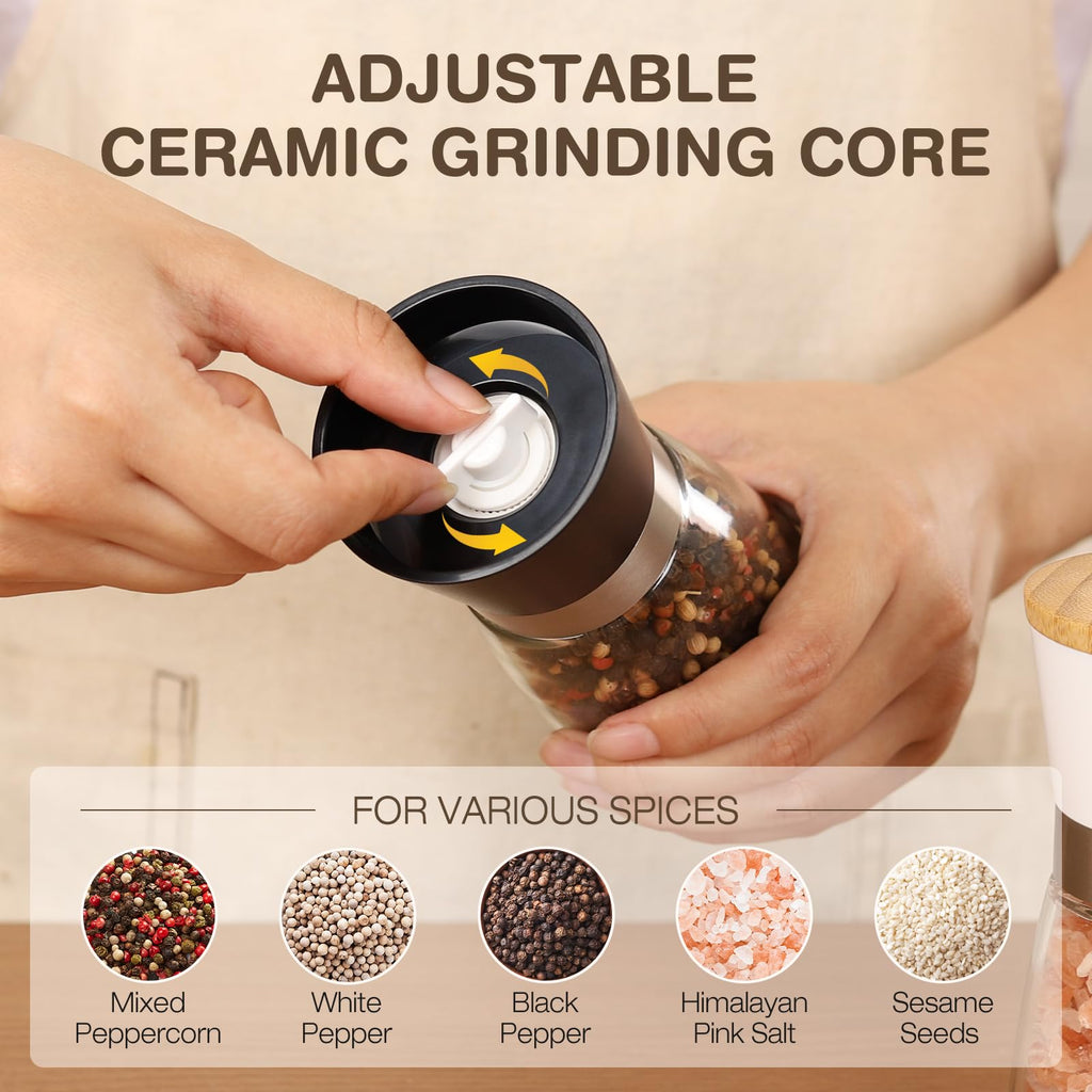 Vucchini Manual Salt and Pepper Grinder Set Bamboo Lid - Adjustable Coarse Salt and Pepper Mills - Refillable Ceramic Burr Kitchen Gift Salt Pepper Shakers Black&White