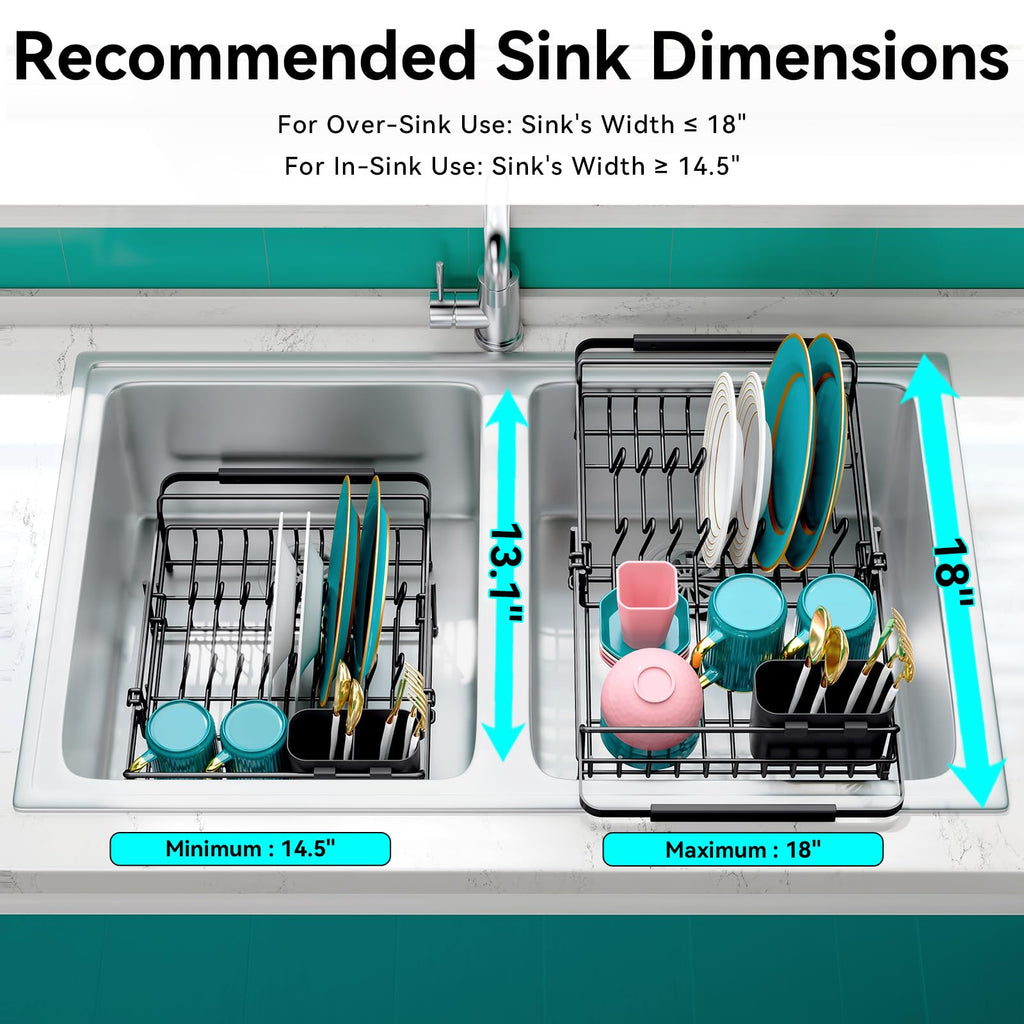 Urackify Expandable Dish Drying Rack Over The Sink, Adjustable Dish Rack in Sink, Rustproof Dish Drainer for Kitchen Counter, Dish Strainer with Utensil Holder