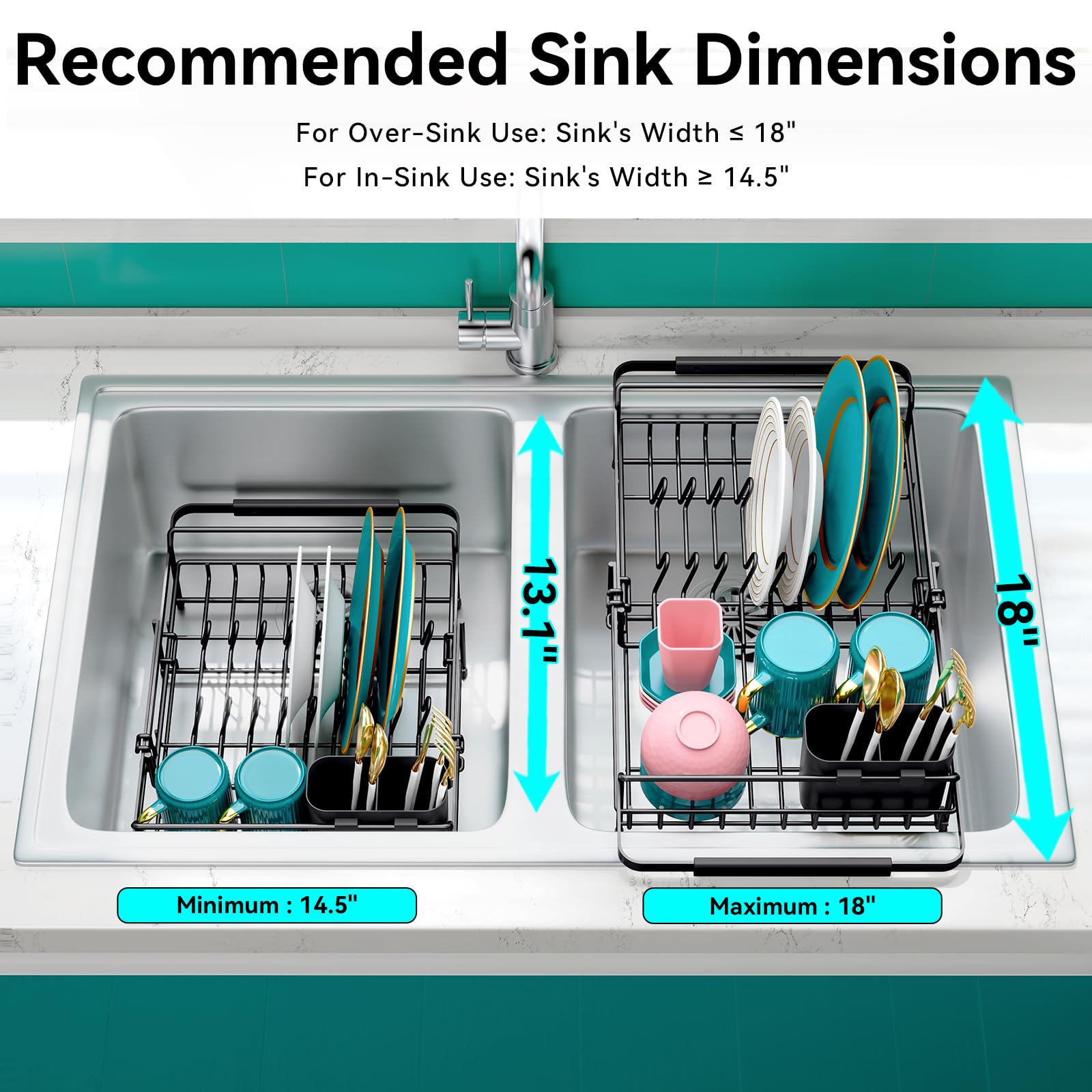 Urackify Expandable Dish Drying Rack Over The Sink, Adjustable Dish Rack in Sink, Rustproof Dish Drainer for Kitchen Counter, Dish Strainer with Utensil Holder