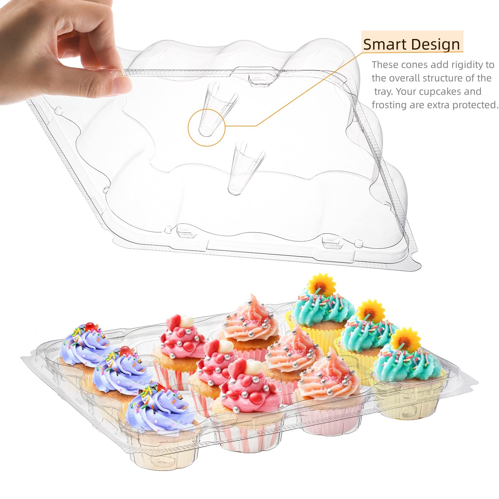 AVLA 24 Pack Plastic Cupcake Containers, 12 Counts Stackable Cupcake Carrier, Mini Cupcake Box with Detachable Secure High Top Lid, Disposable Cupcake Holder Trays, Muffin Packaging Transporter To Go