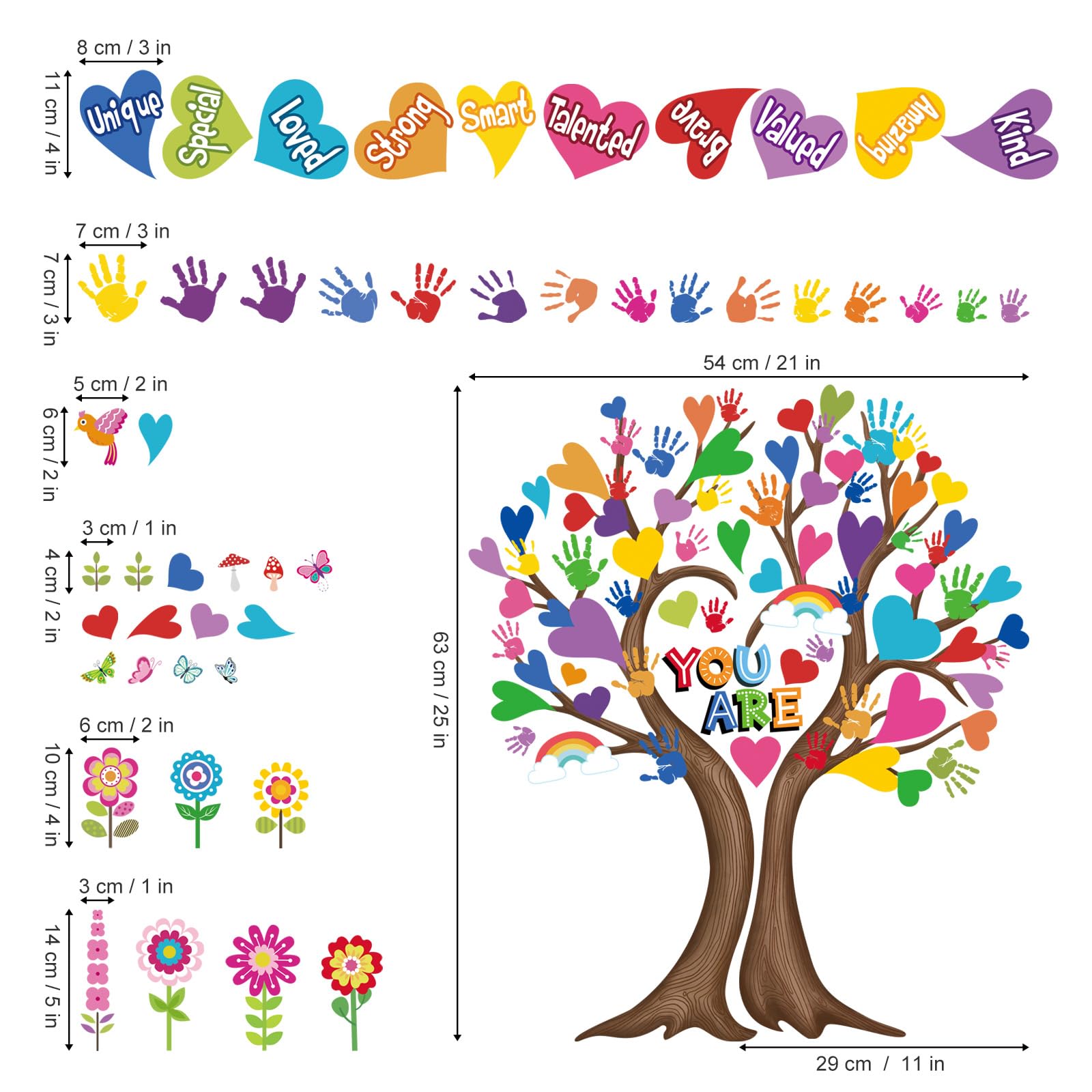 wondever Large Hearts Tree Handprint Wall Stickers Classroom Decor Tree Inspirational Quotes You Are Strong Peel and Stick Wall Art Decals for Kids Room Elementary School Teacher Classroom Daycare