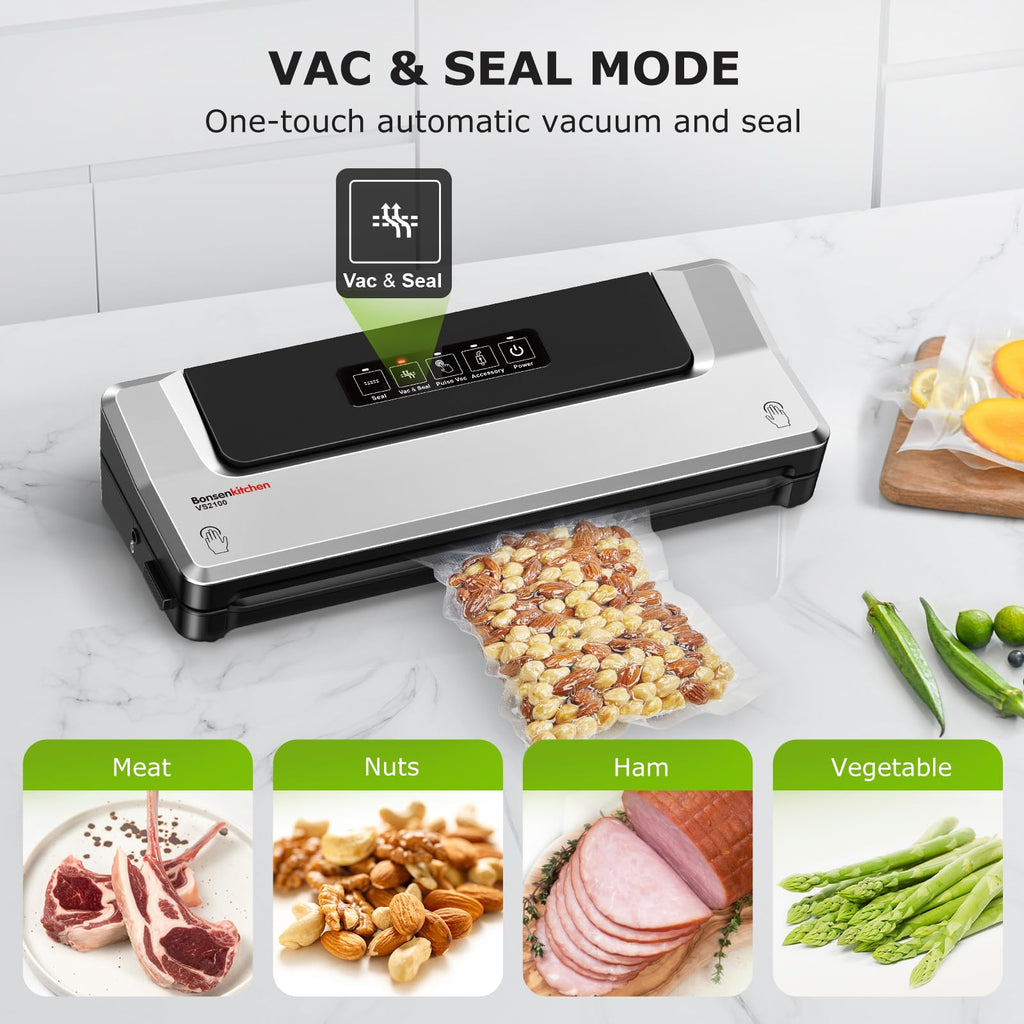 Bonsenkitchen Vacuum Sealer Machine, 90Kpa Powerful Food Sealer, Multi-Functional Food Vacuum Sealer with Vacuum Bags & Accessory Hose,Globefish Technology for High-Speed Continuous Working, Silver