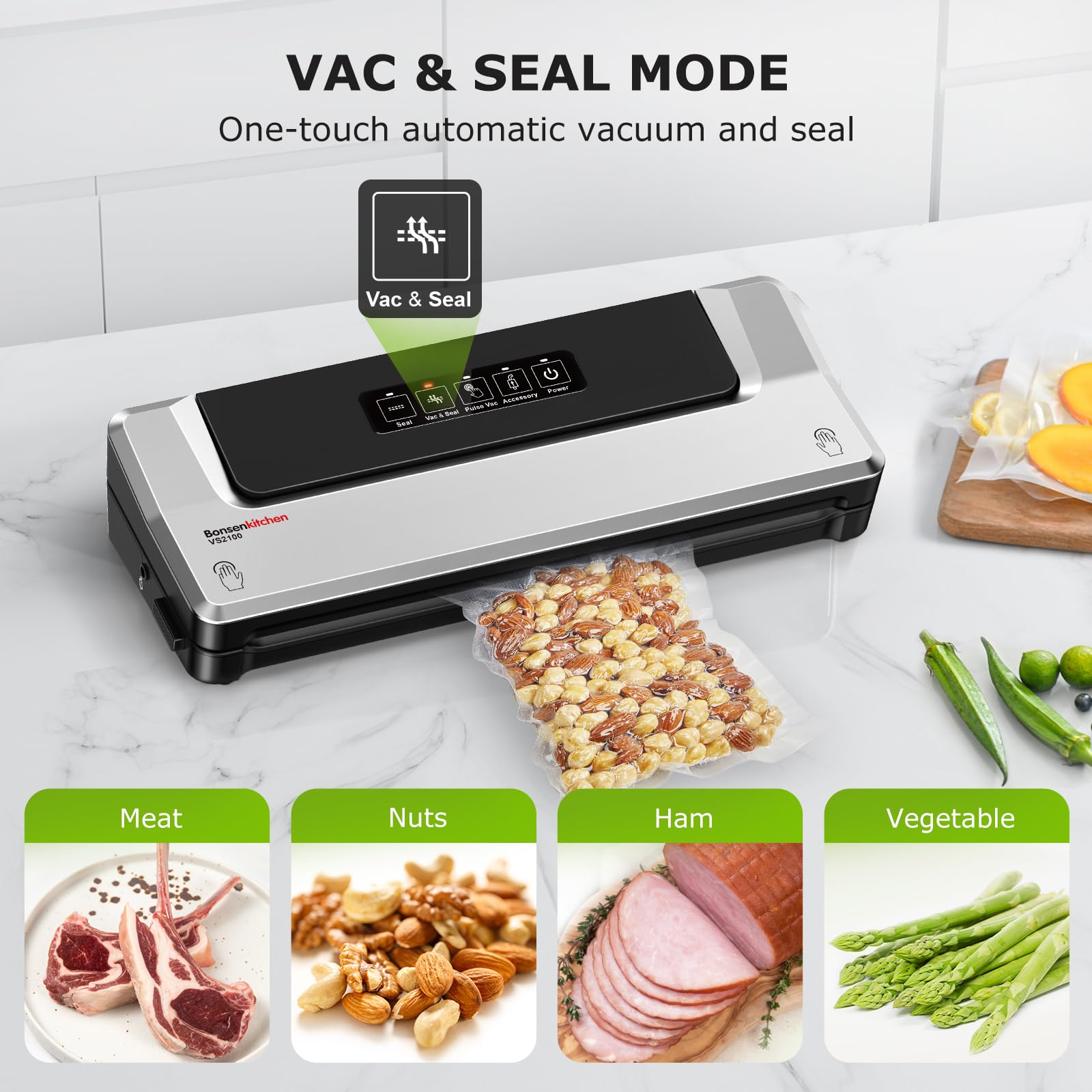 Bonsenkitchen Vacuum Sealer Machine, 90Kpa Powerful Food Sealer, Multi-Functional Food Vacuum Sealer with Vacuum Bags & Accessory Hose,Globefish Technology for High-Speed Continuous Working, Silver