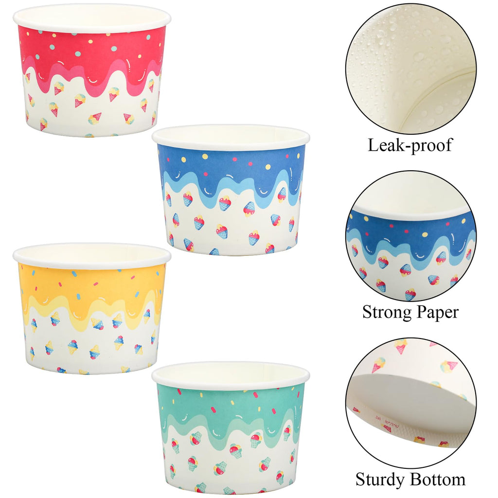 Lawei 100 Pack Ice Cream Cups, 8 Oz Disposable Paper Ice Cream Sundae Bowls for Cold and Hot Foods, Party Supplies Treat Cups dessert bowls for Ice Cream, Sundae, Frozen, Yogurt, Soup, Snack, 4 Colors