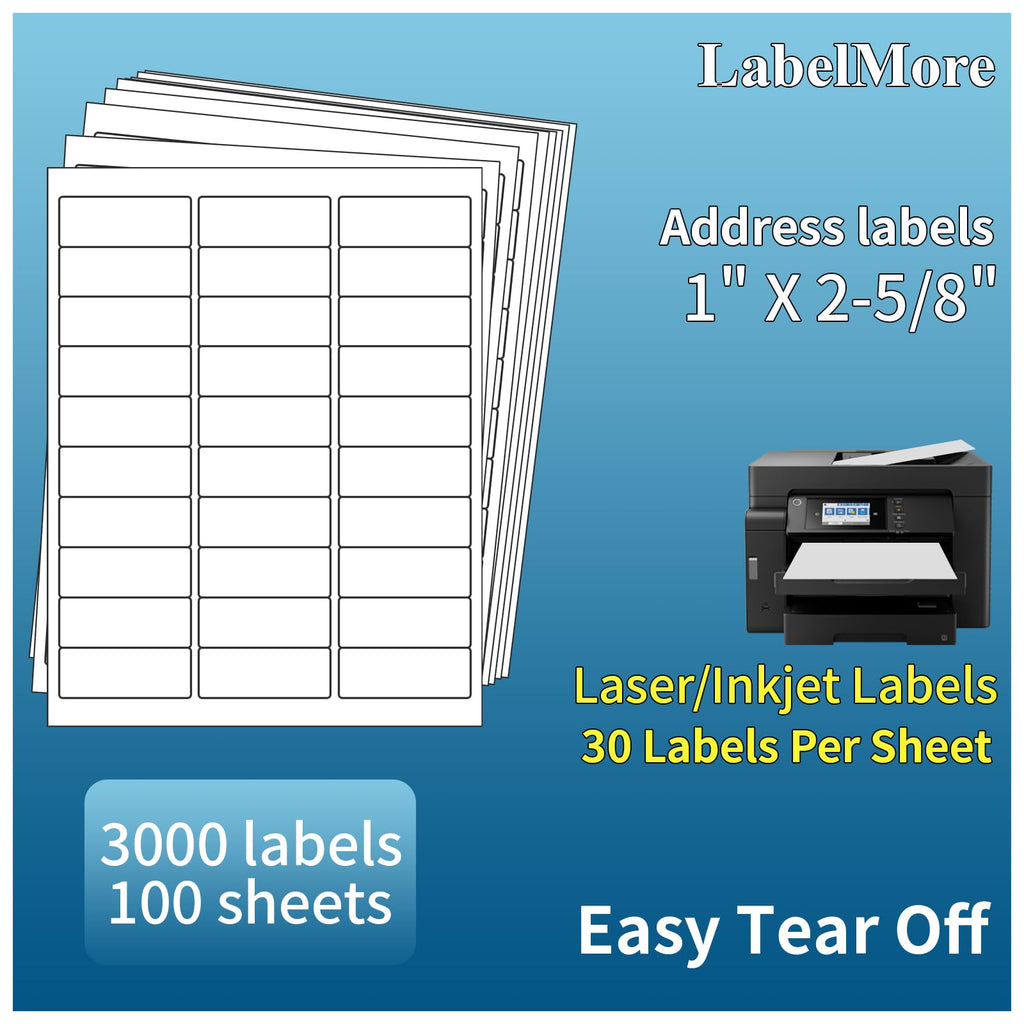 100 Sheets 3000 Labels LabelMore 30 up Labels 1" X 2-5/8" Shipping Labels Self Adhesive for Laser and Inkjet Printers 8.5" x 11" White.
