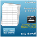 100 Sheets 3000 Labels LabelMore 30 up Labels 1" X 2-5/8" Shipping Labels Self Adhesive for Laser and Inkjet Printers 8.5" x 11" White.