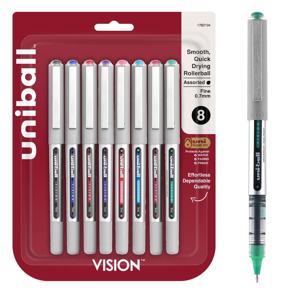 uni-ball Vision Rollerball Pens, Fine Point (0.7mm), Assorted Colors, 8 Count