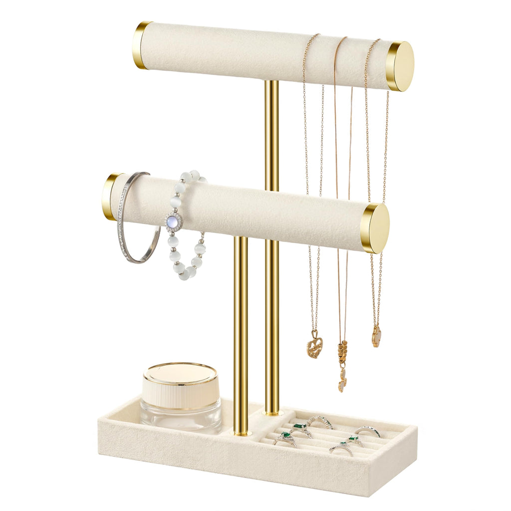 2 Tier Bracelet Holder Display - Beige Velvet Jewelry Organizer Stand, Detachable T Bar Jewelry Holder for Bracelet, Necklace, Watches, Rings, Earrings