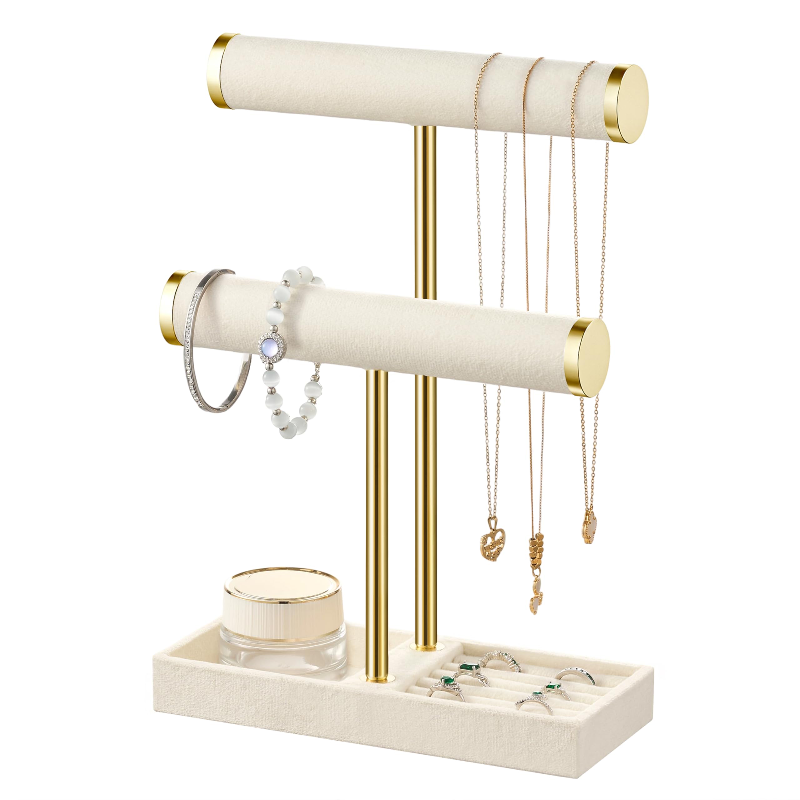 2 Tier Bracelet Holder Display - Beige Velvet Jewelry Organizer Stand, Detachable T Bar Jewelry Holder for Bracelet, Necklace, Watches, Rings, Earrings