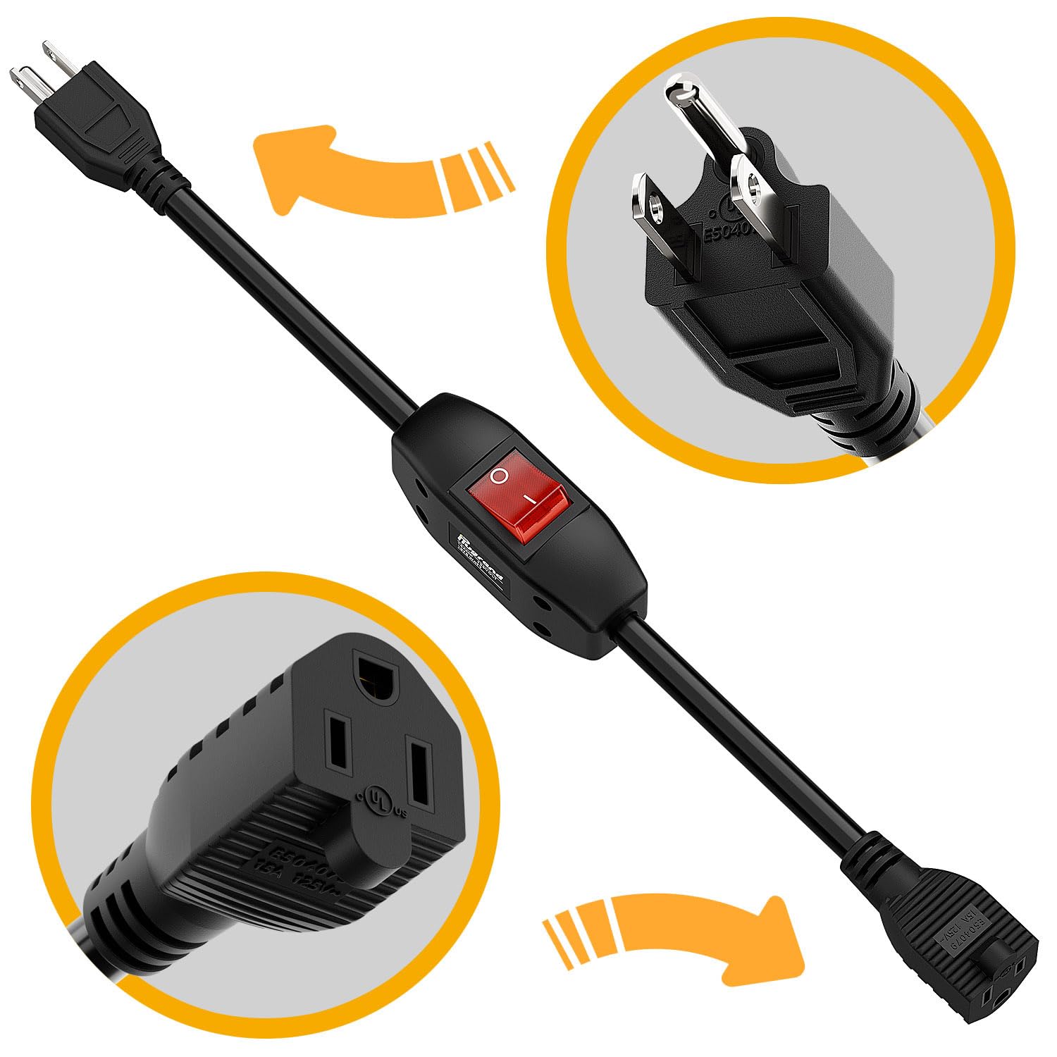 Inline On/Off Switch Extension Cord, 3-Prong Household Switchable Power Cord, Heavy Duty 23A 125V,16A 250V Double Break Switch Extension Cable, 40CM Cords