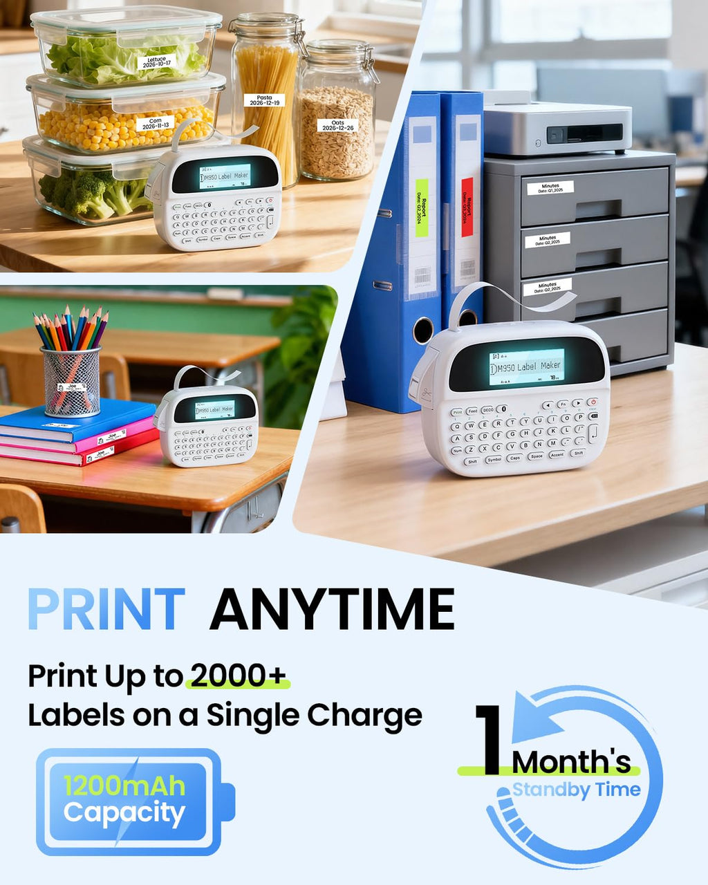 Mini Bluetooth Label Maker, Rechargeable Label Maker Machine with Tape-Waterproof, Portable Labeler with QWERTY Keyboard & Backlit LCD, for Kitchen Classroom Teacher Kids