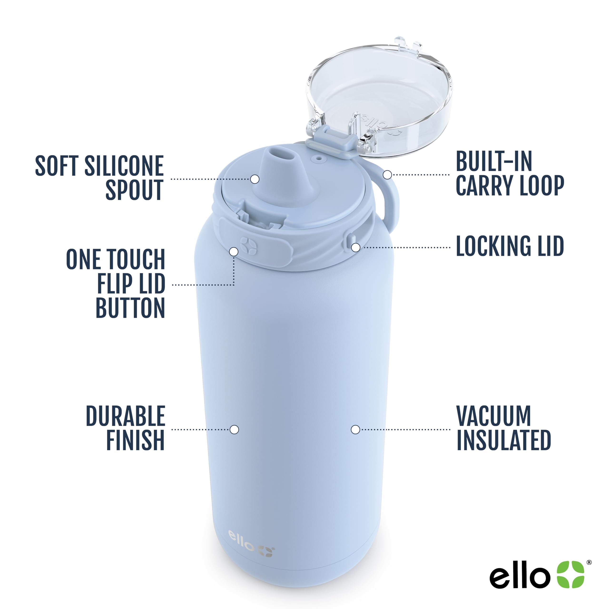 Ello Cooper 22oz Stainless Steel Water Bottle with Straw and Carry Handle, Double Walled and Vacuum Insulated Metal, Leak Proof Locking Lid with Soft Silicone Spout, Reusable, BPA Free, Halogen Blue