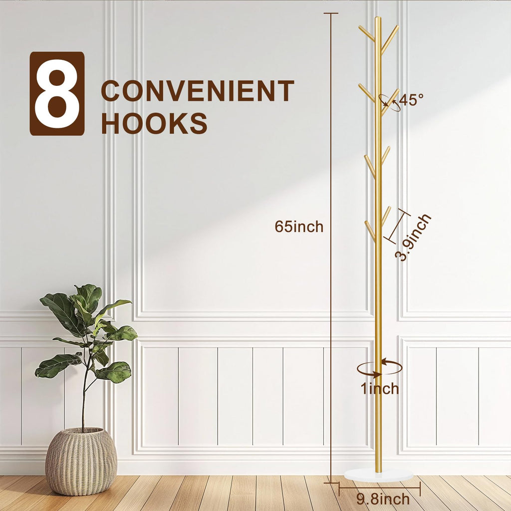 Coat Rack, Metal Freestanding Coat Rack with 8 Hooks, Sturdy Coat Tree with Natural Marble Base for Coats, Hats, Scarves and Handbags for Entryway, Hallway, Bedroom, Office(Gold)