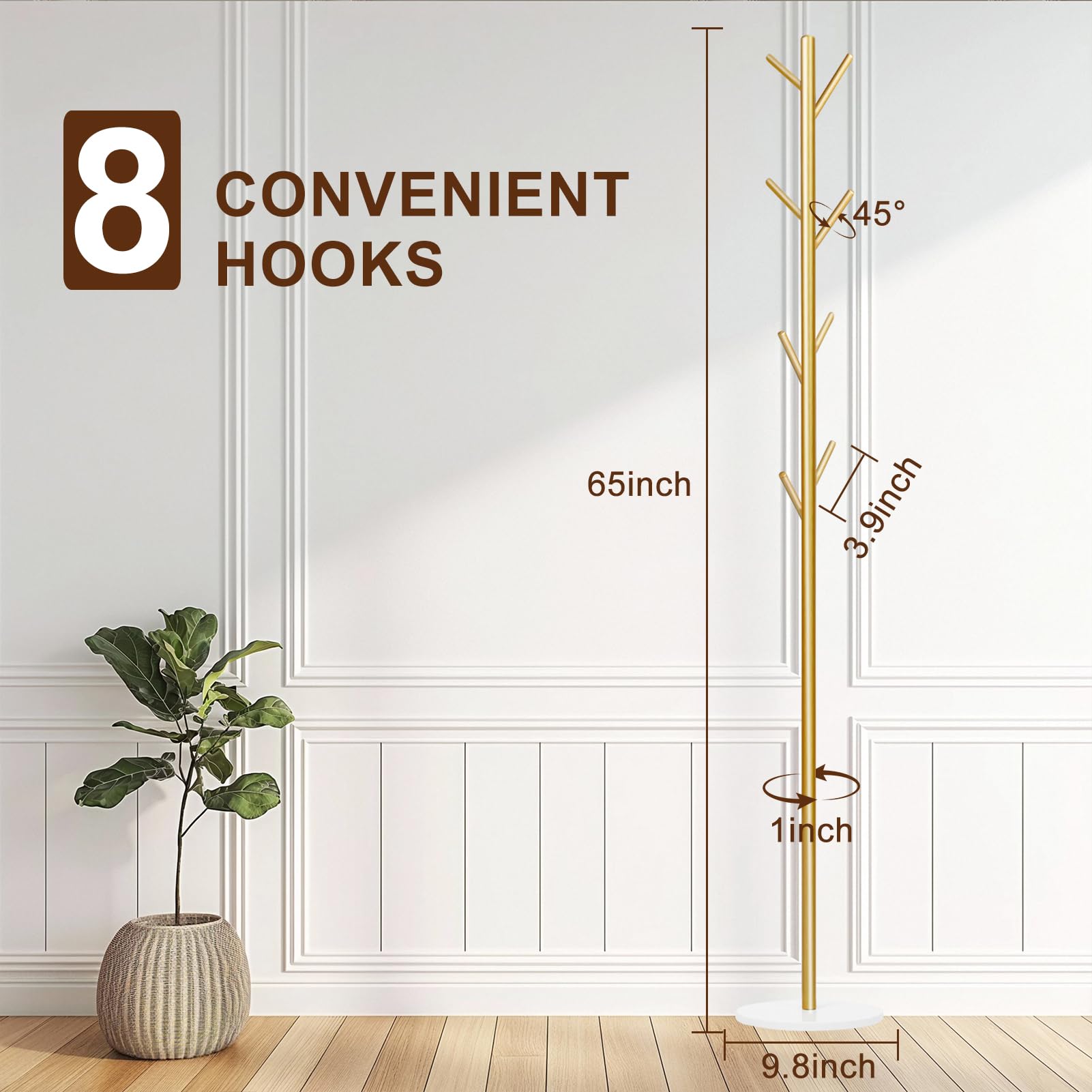 Coat Rack, Metal Freestanding Coat Rack with 8 Hooks, Sturdy Coat Tree with Natural Marble Base for Coats, Hats, Scarves and Handbags for Entryway, Hallway, Bedroom, Office(Gold)
