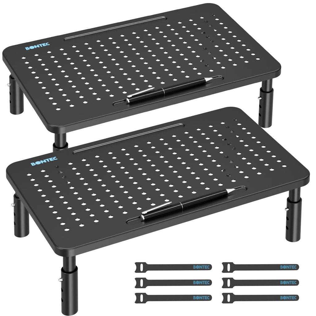 BONTEC 2 Pack Monitor Stand Riser, 3 Height Adjustable Monitor Stand for Desk, Computer Monitor Riser Stand with Mesh Platform for Laptop, Computer, iMac, PC (Black, 2 Pack Normal)