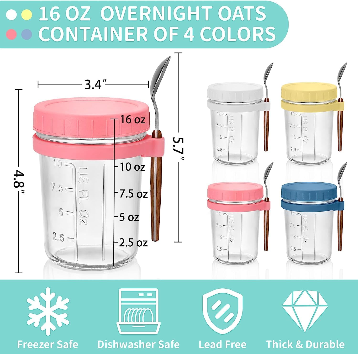 ALINK 4 Pack Overnight Oats Containers with Lids and Spoons, 16 oz Large Capacity Glass Mason Jars with Airtight Lid for Overnight Oats Meal Yogurt Chia Pudding Fruit Cereal Oatmeal Reusable Jars