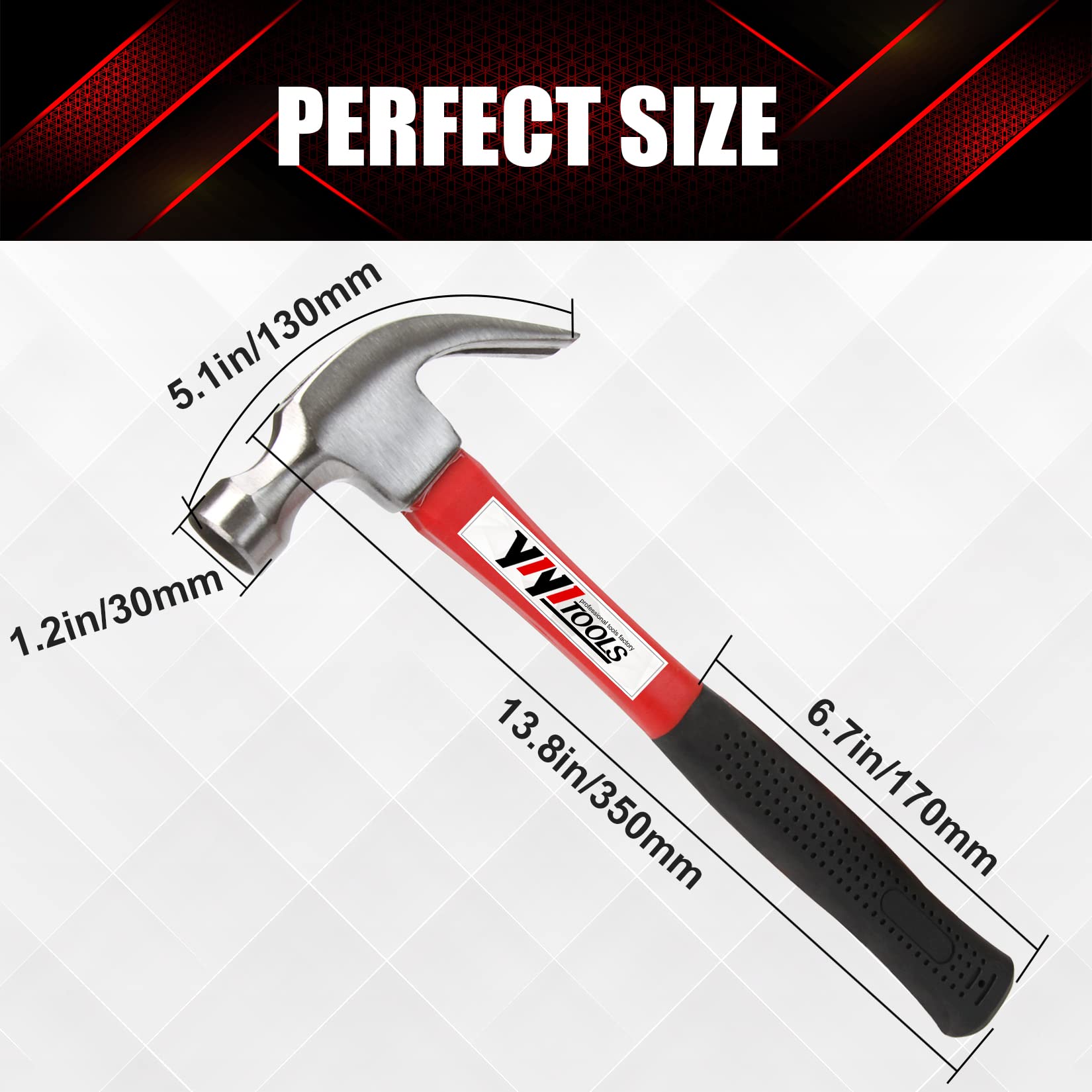 YIYITOOLS Claw Hammer with Fiberglass Handle – 16-oz, Red and Black (YY-1-003)