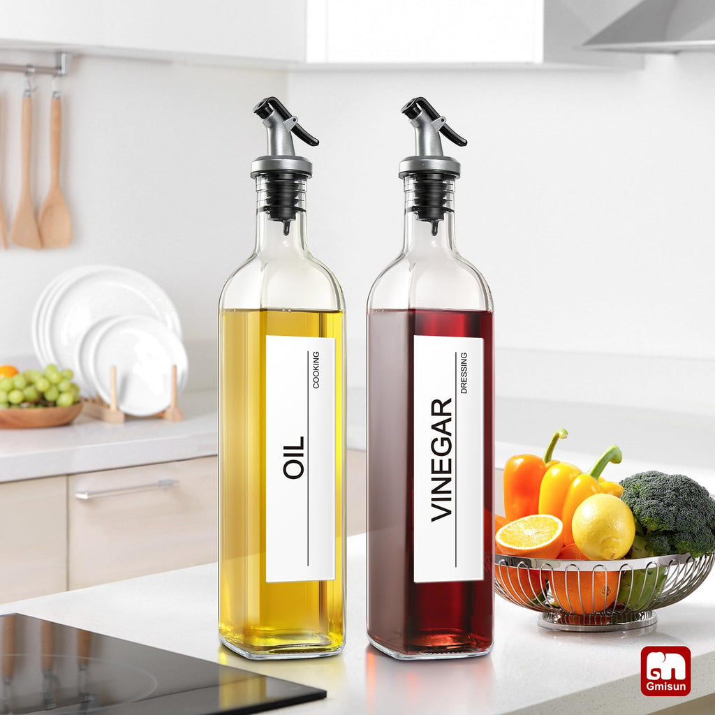 GMISUN Olive Oil Dispenser Bottle, Oil Dispenser Bottle for Kitchen, Cooking Oil and Vinegar Dispenser Set 4 Pack, Glass Oil Container Cruet-Oil Pourer Spout, Funnel and Labels, Clear for Oil, Vinegar