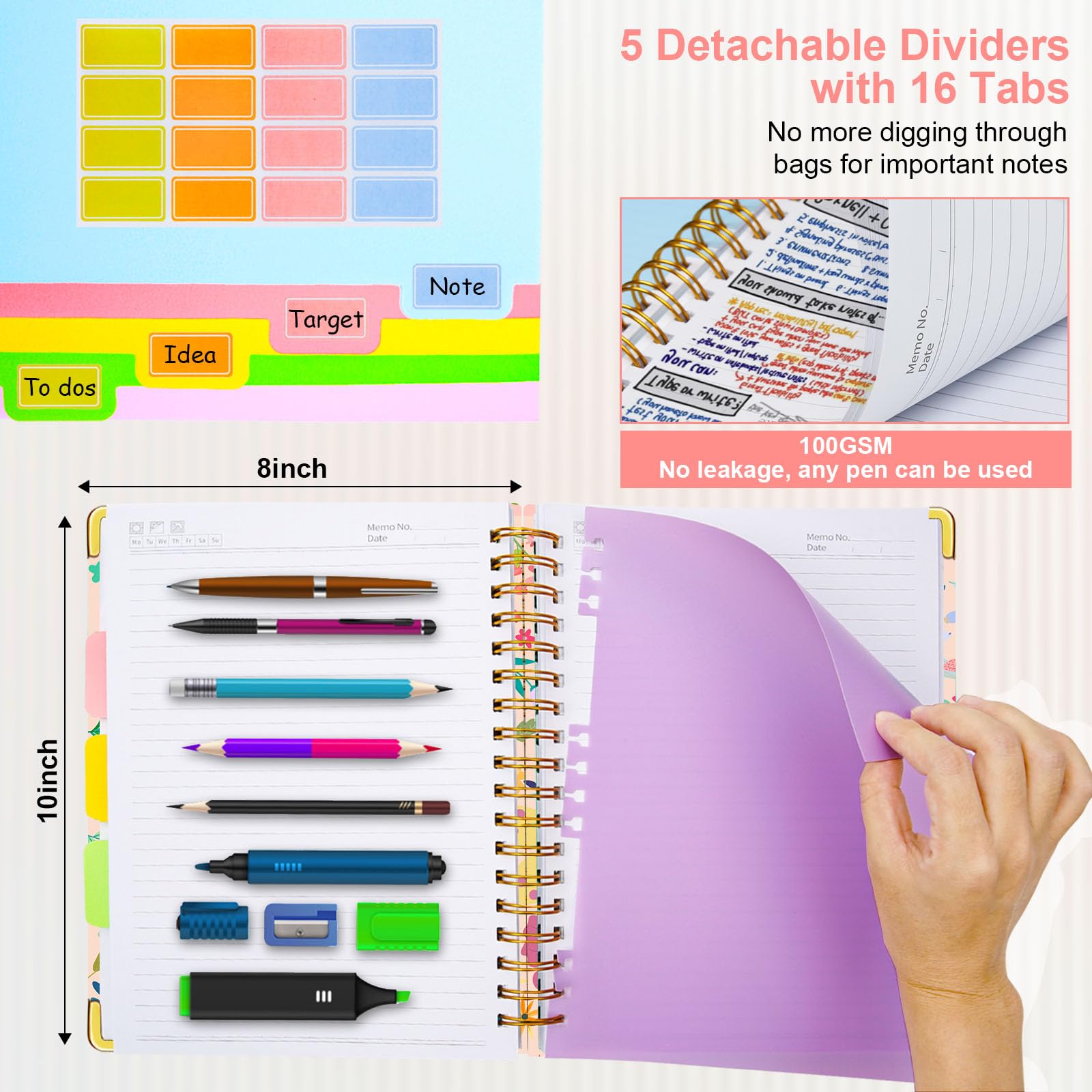 Spiral Journal Notebooks for Work, 300 Pages 5 Subject Notebook College Ruled with Dividers & Tabs, Notebook Journal for Women Students Note-Taking and Organizer (Beige Bloom, B5(8"x10"))