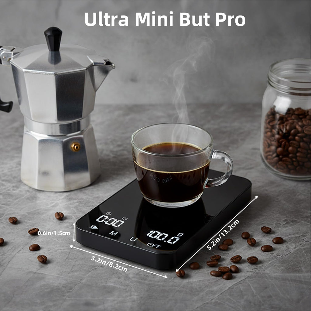 Rechargeable Mini Coffee Scale with Timer, 2kg/0.1g Diyife Espresso Scale with Tare, Buzzer Function, 6 Units, High Precision Portable Digital Accurate Scale for Espresso and Pour-Over Coffee