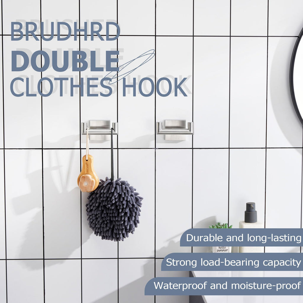KOKOSIRI Robe Hook Bathroom Double Towel Coat Hooks for Bath Kitchen Wall Mounted, 2 Pack Brushed Nickel Stainless Steel B1015BR-P2