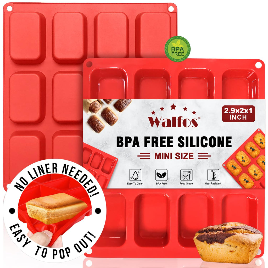 Silicone Mini Loaf pan, Walfos 12 Cavities Mini Bread Pan Brownie Pan, Food Grade & Non-Stick, Ideal for Mini Bread, Brownie, Cornbread, Cheesecake and Chocolate (2 Pieces)