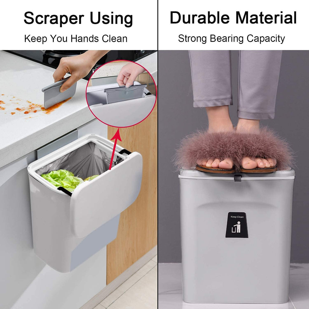Mujingxin 2.4 Gallon Kitchen Compost Bin for Counter Top or Under Sink, Hanging Small Trash Can with Lid for Cupboard/Bathroom/Bedroom/Office/Camping, Mountable Indoor Compost Bucket, Gray