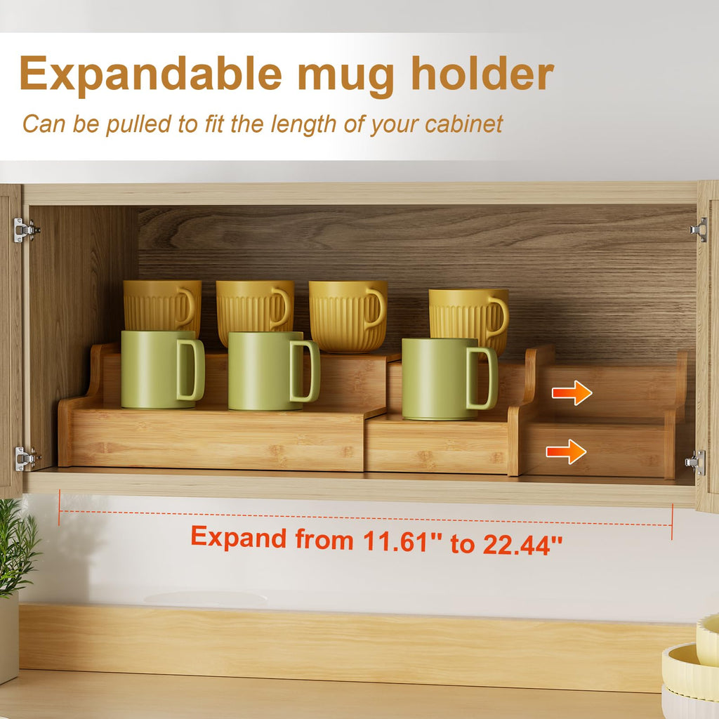 Hongtamoya 2-Tier Expandable Coffee Mug Holder, Countertop Station Bamboo Mug Cup Rack Coffee Bar Organizer, Tea Cups Stand for Cabinet, Multi-functional Mug Holder Shelf for Kitchen, Home