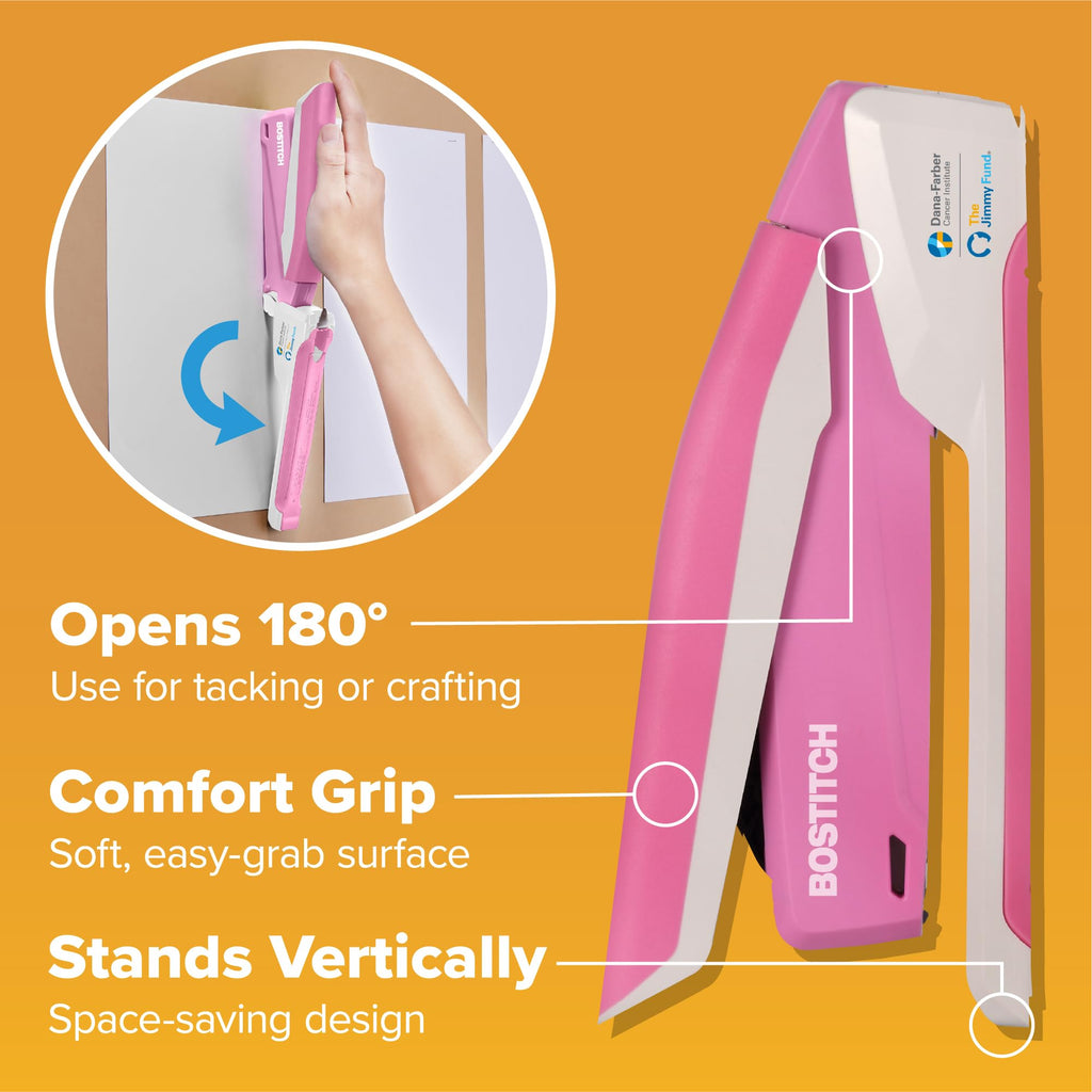 PaperPro inPOWER20 - 3 in 1 Stapler - One Finger, No Effort, Spring Powered Stapler, Breast Cancer Awareness Pink (1188)