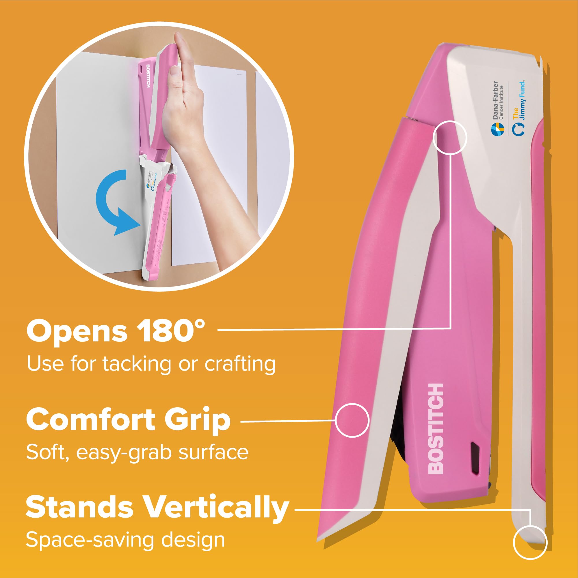 PaperPro inPOWER20 - 3 in 1 Stapler - One Finger, No Effort, Spring Powered Stapler, Breast Cancer Awareness Pink (1188)