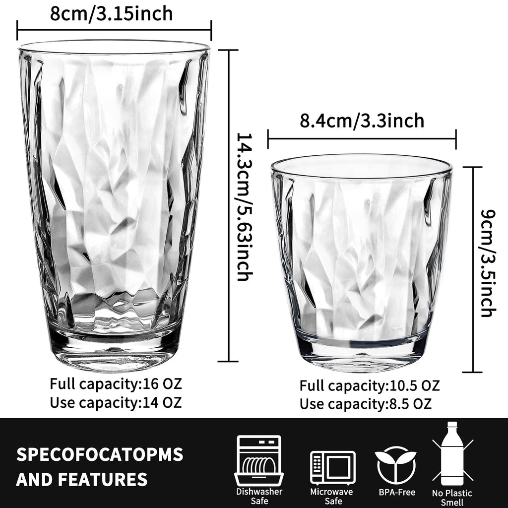 Plastic Water Tumblers | Set of 8 Transparent Unbreakable Drinking Glasses Clear Acrylic Reusable Juice Wine Cups |4 Each: 12-Ounce and 16-Ounce for Home Picnic Party, Dishwasher Safe, Stackable