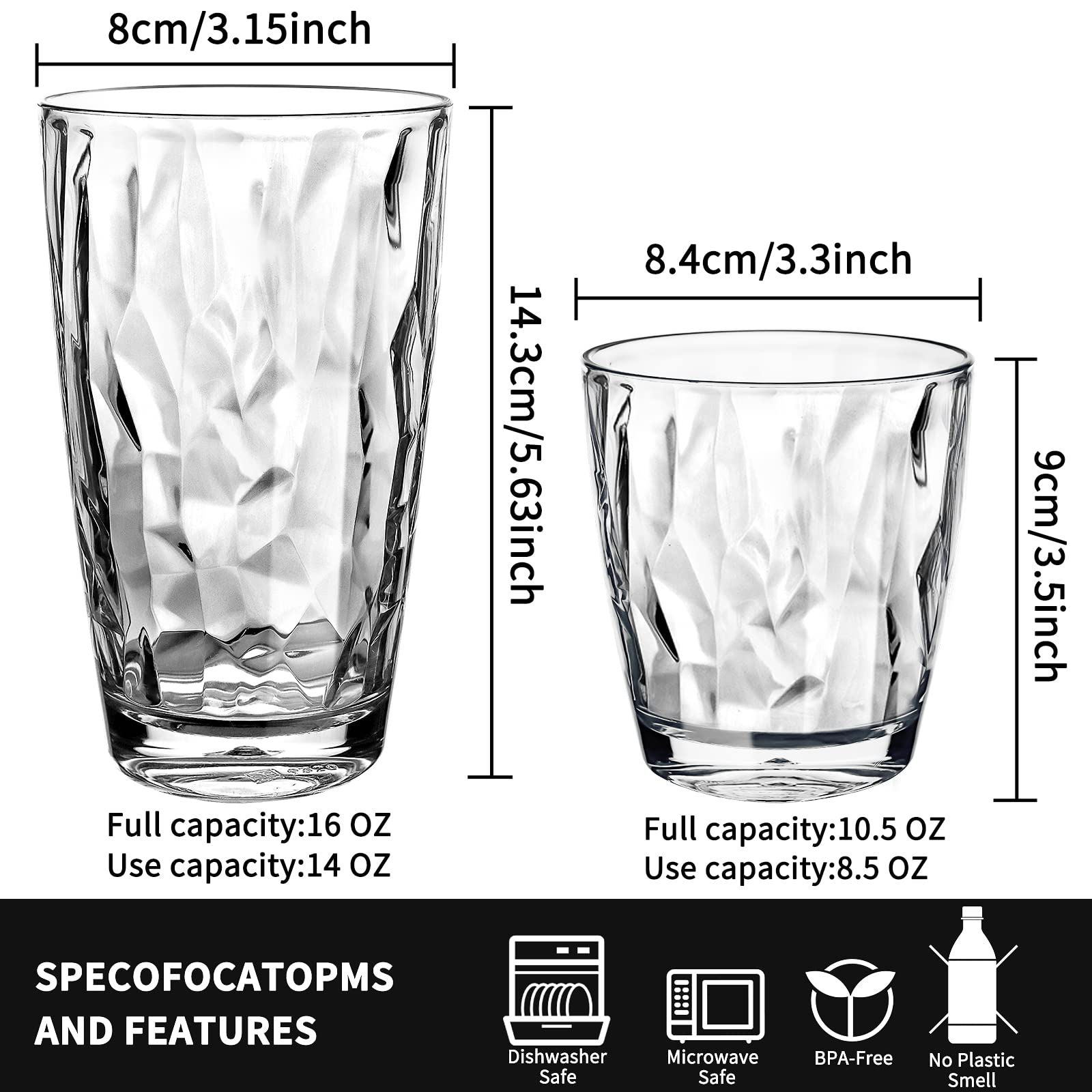 Plastic Water Tumblers | Set of 8 Transparent Unbreakable Drinking Glasses Clear Acrylic Reusable Juice Wine Cups |4 Each: 12-Ounce and 16-Ounce for Home Picnic Party, Dishwasher Safe, Stackable