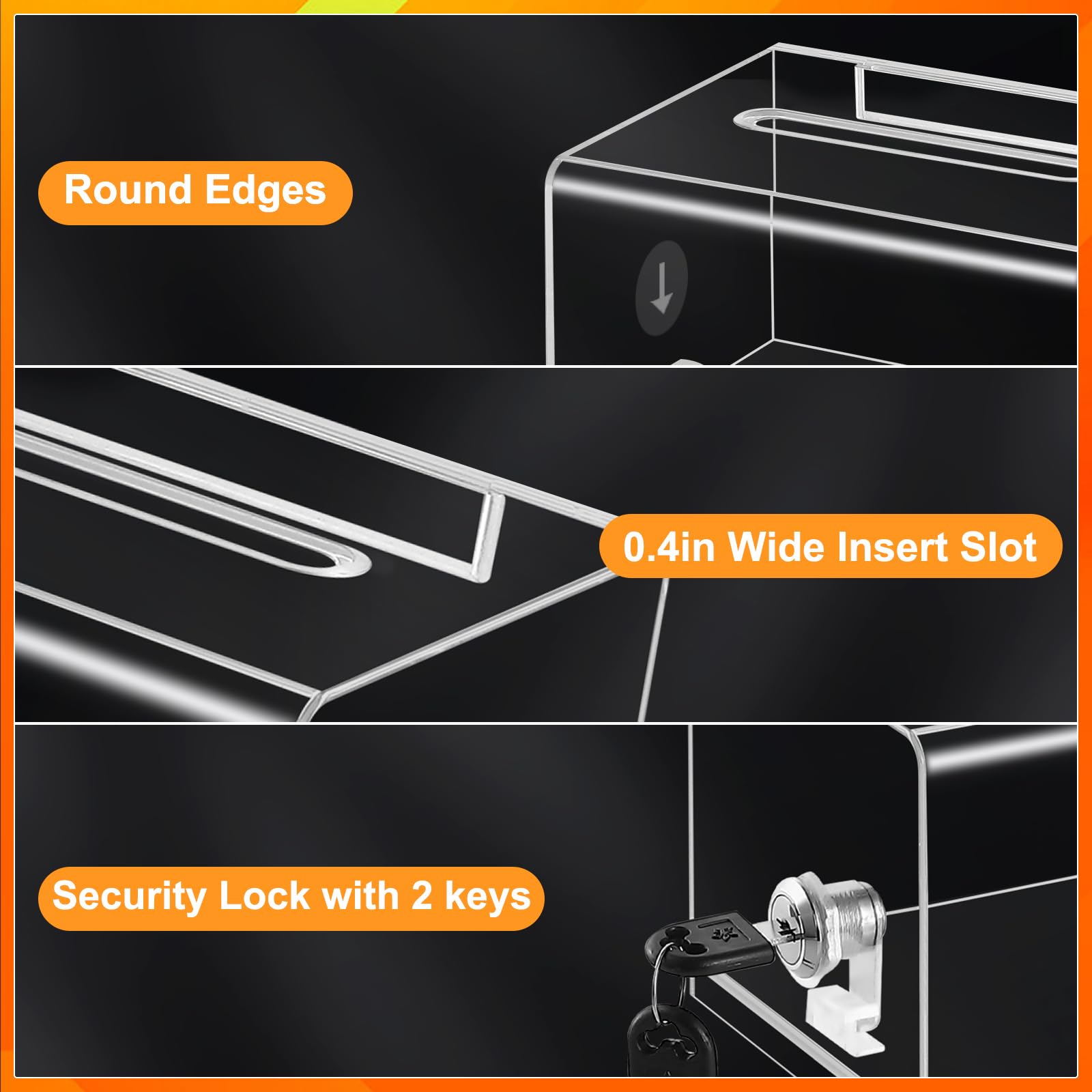 Donation Box with Lock,Suggestion Box with Sign Holder，Clear Ballot Box for Fundraising, Raffle, Tip Jar, School Voting