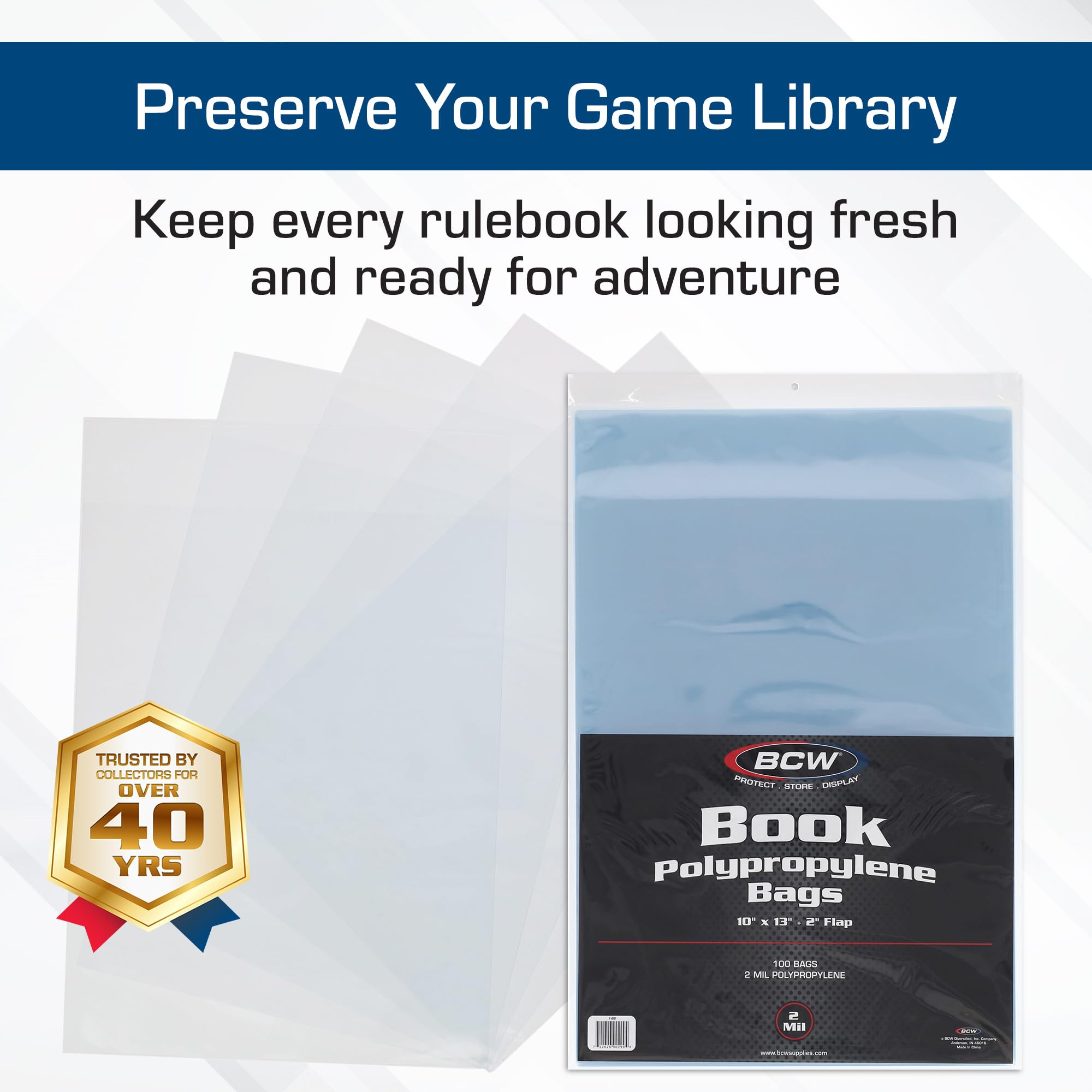 BCW Book Storage Bags – 100 Pack | 10" x 13" + 2" Fold-Over Flap | Archival-Safe Polypropylene Sleeves for RPG Books, Manuals & Magazines | Crystal Clear Book Protector Bags