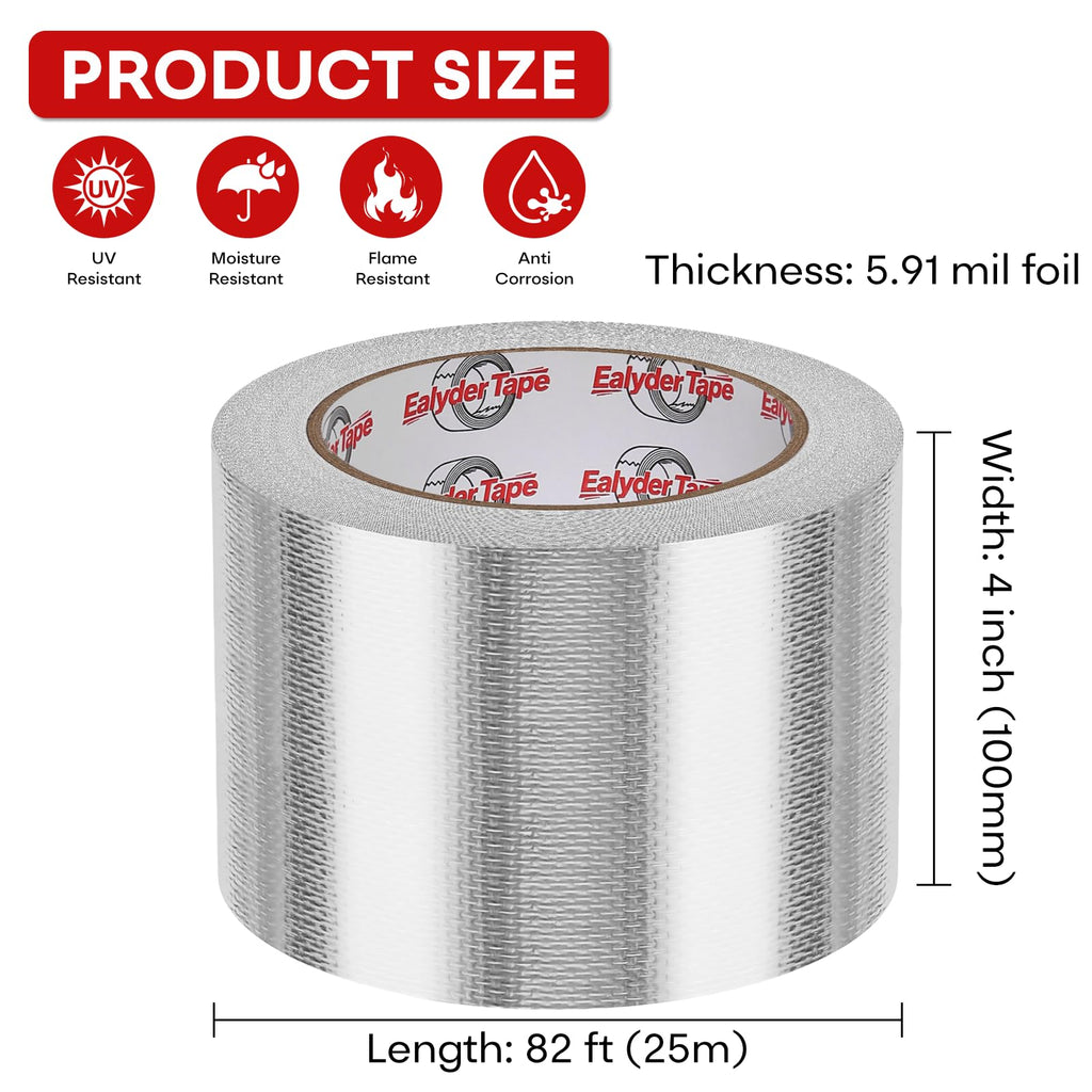 Ealyder Tape 4in x 82ft Adhesive Aluminum Foil Heat Shield Tape, Fiberglass Thermal Insulation Reflective Material for Pipe, Duct, Exhaust, HVAC and High Temp Protection, 5.91MIL