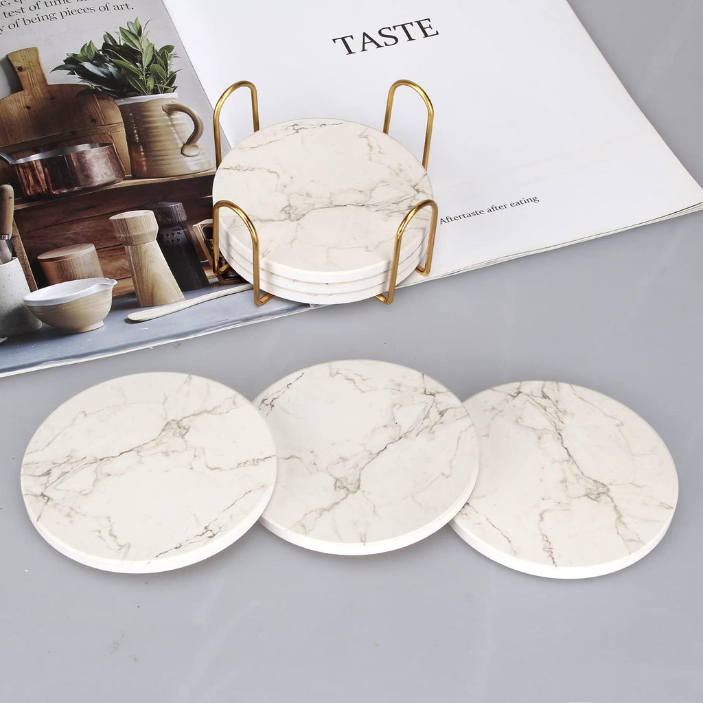 6 Pcs White Marble Coaster Set with Holder Best Absorbent Coasters Drink Coasters Ceramic Bar Coasters Cute Table Coasters Gift Cup Stone Coasters Modern Coasters