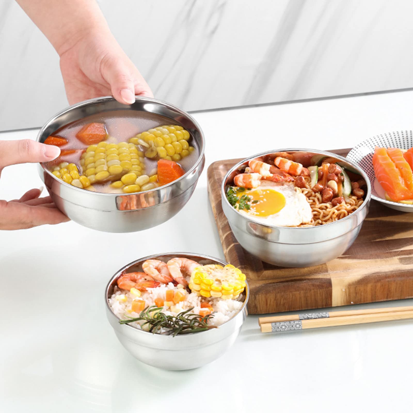 Lyellfe 6 Pack 18/8 Stainless Steel Bowls, Double Walled Insulated Soup Bowls, 12 Oz Unbreakable Snack Bowl for Rice, Cereal, Ice Cream, Hot Cold Foods, Lead-Free, Dishwasher Safe