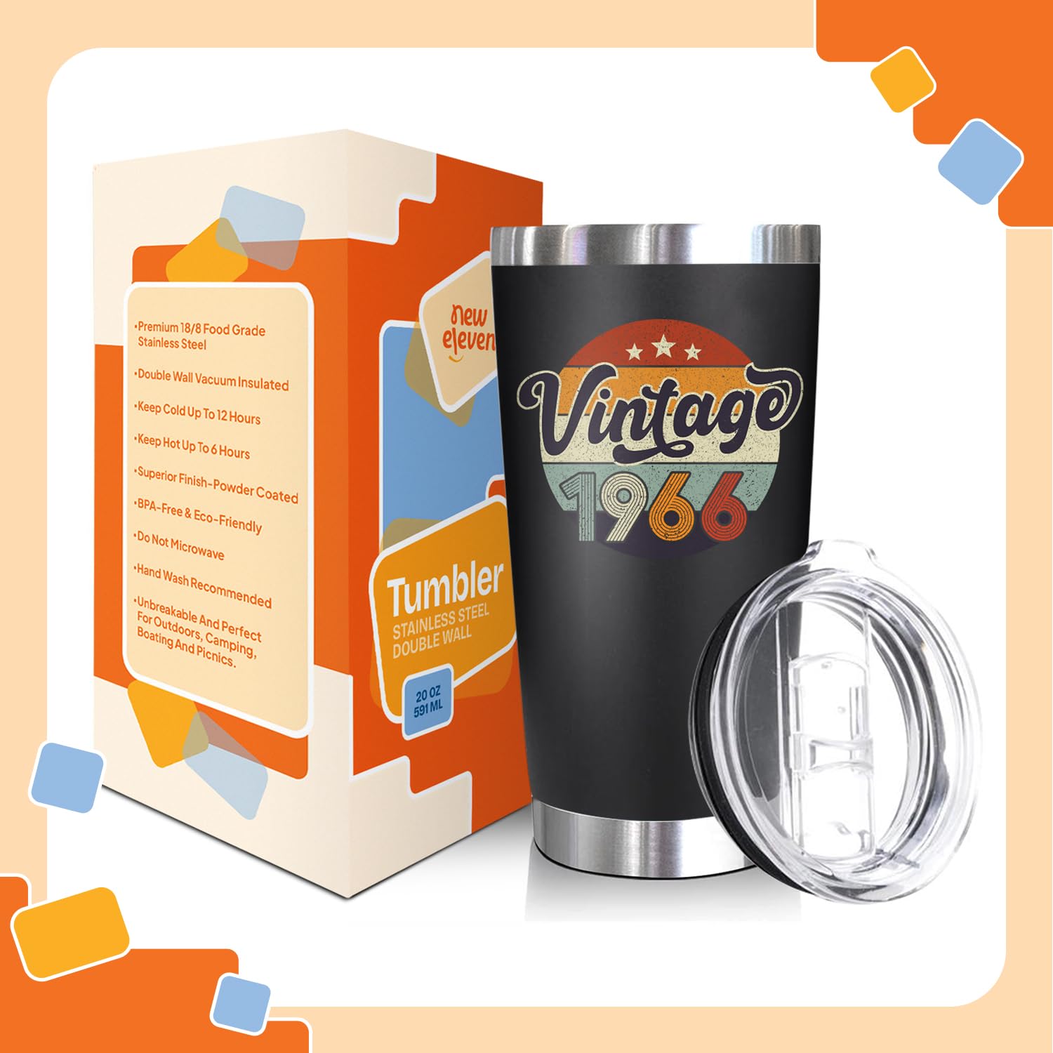 NewEleven 60th Birthday Gifts for Men Women - 1966 60th Birthday Decorations for Him Her - Turning 60 Year Old Gifts for Man, Woman, Mom, Dad, Wife, Husband - 20 Oz Tumbler