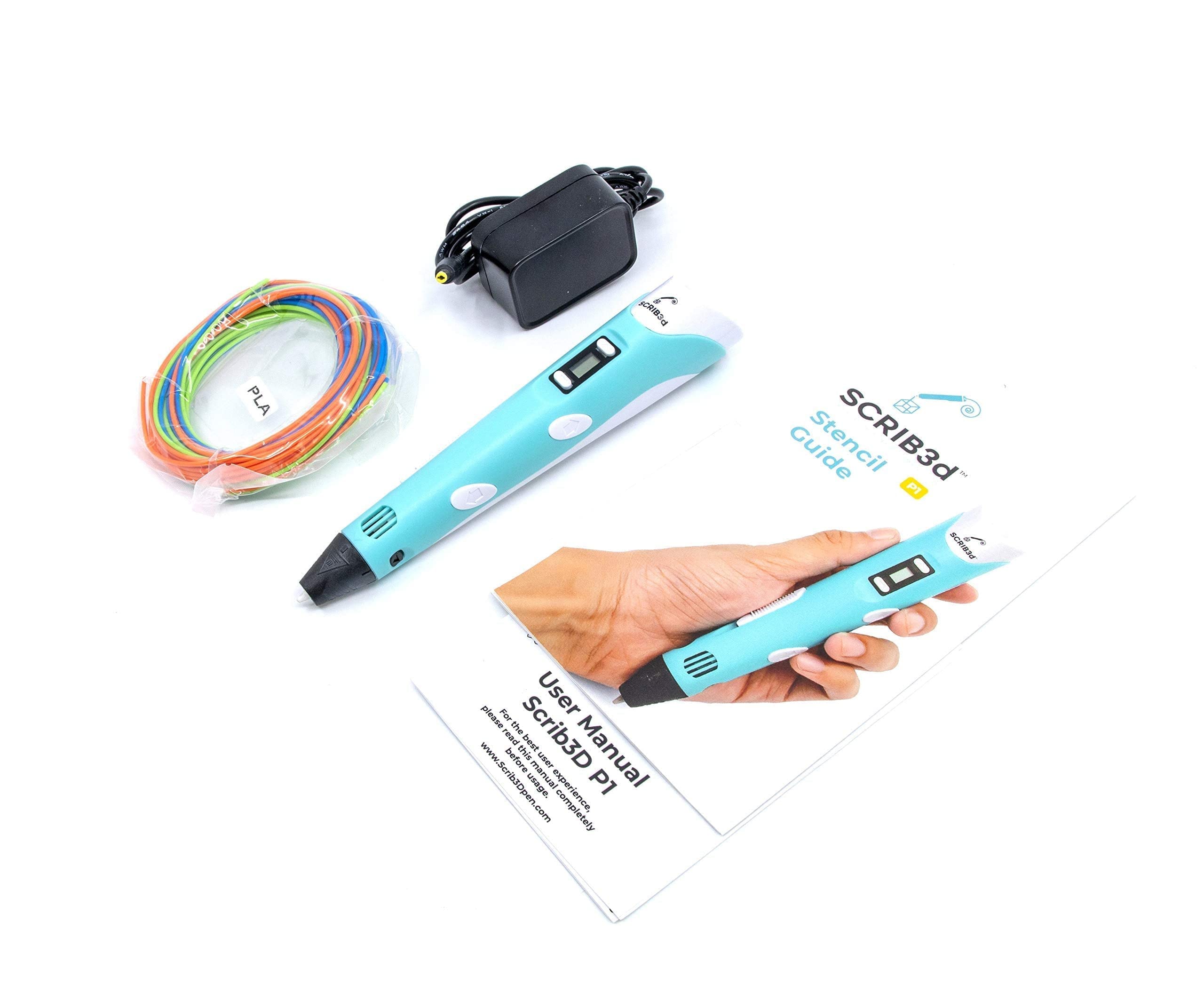SCRIB3D P1 3D Printing Pen with Display - Includes 3D Pen, 3 Starter Colors of PLA Filament, Stencil Book + Project Guide, and Power Adapter