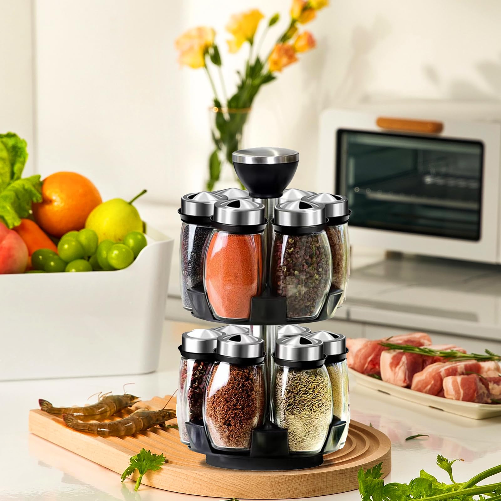 Handisen Revolving Spice Rack Organizer Storage for kitchen, Spice Stand Holder, Spinning Countertop Herb and Spice Rack Organizer with 12 Glass Jar Bottles Set