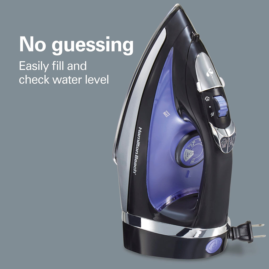 Hamilton Beach Steam Iron for Clothes, Retractable Cord Iron, Stainless Steel Soleplate, 1200W, Vertical Steam, Spray & Steam Boost, Black, 14214