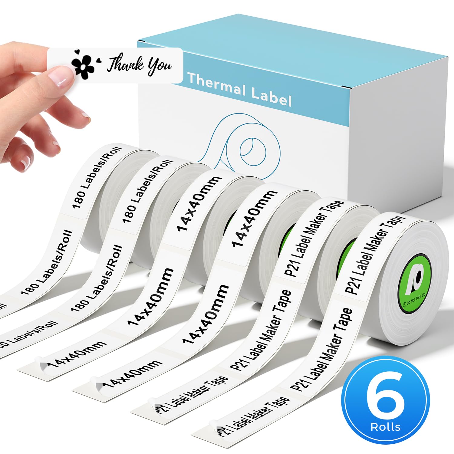 6 Rolls Compatible with Nelko P21 Label Maker Tape, White,14x40mm, Thermal Label Tape Replace for Nelko P21,NADAIIN N12,ORGBRO X1,ORGSTA S001, POLONO P31S Label Maker 180 Labels/Roll